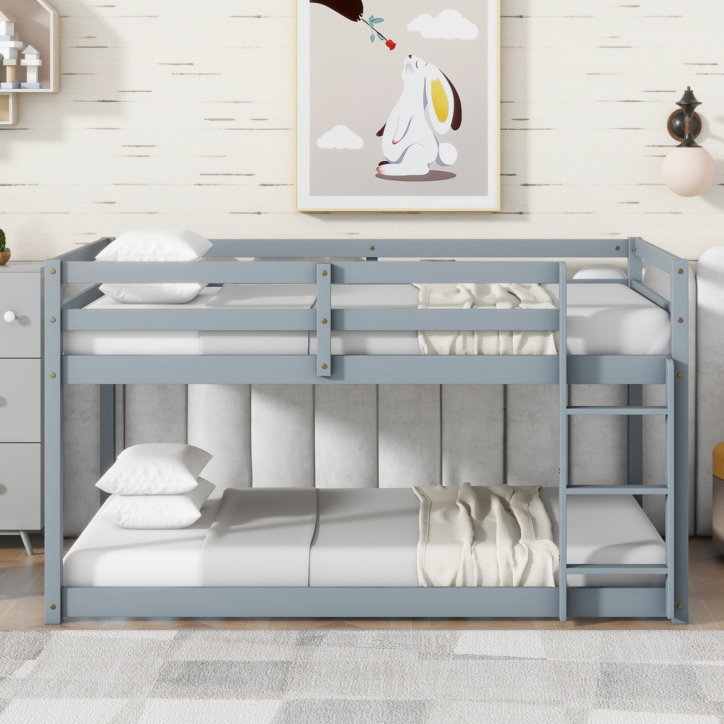 Gray wooden twin over twin bunk bed with white linens