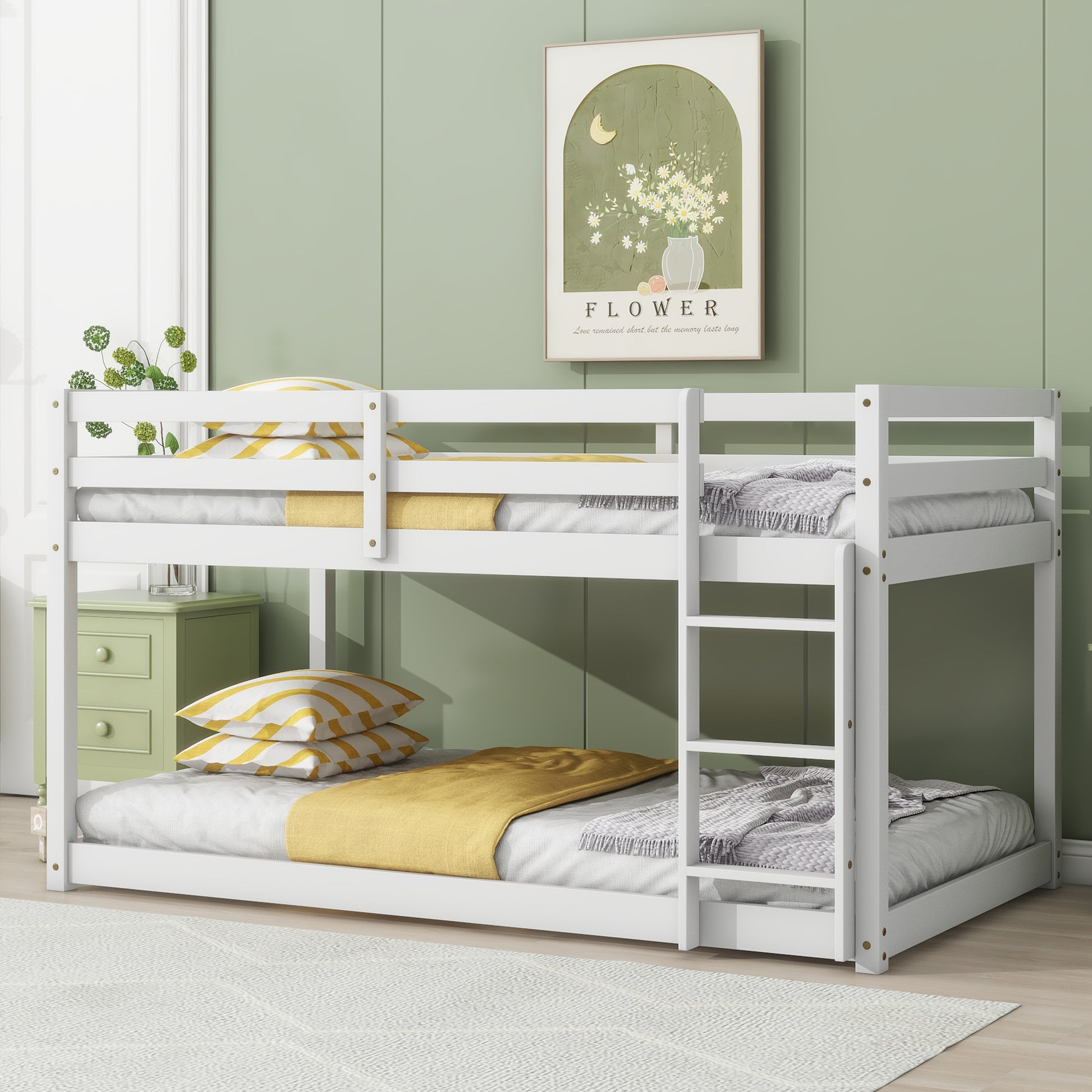White wooden twin over twin bunk bed with yellow striped bedding