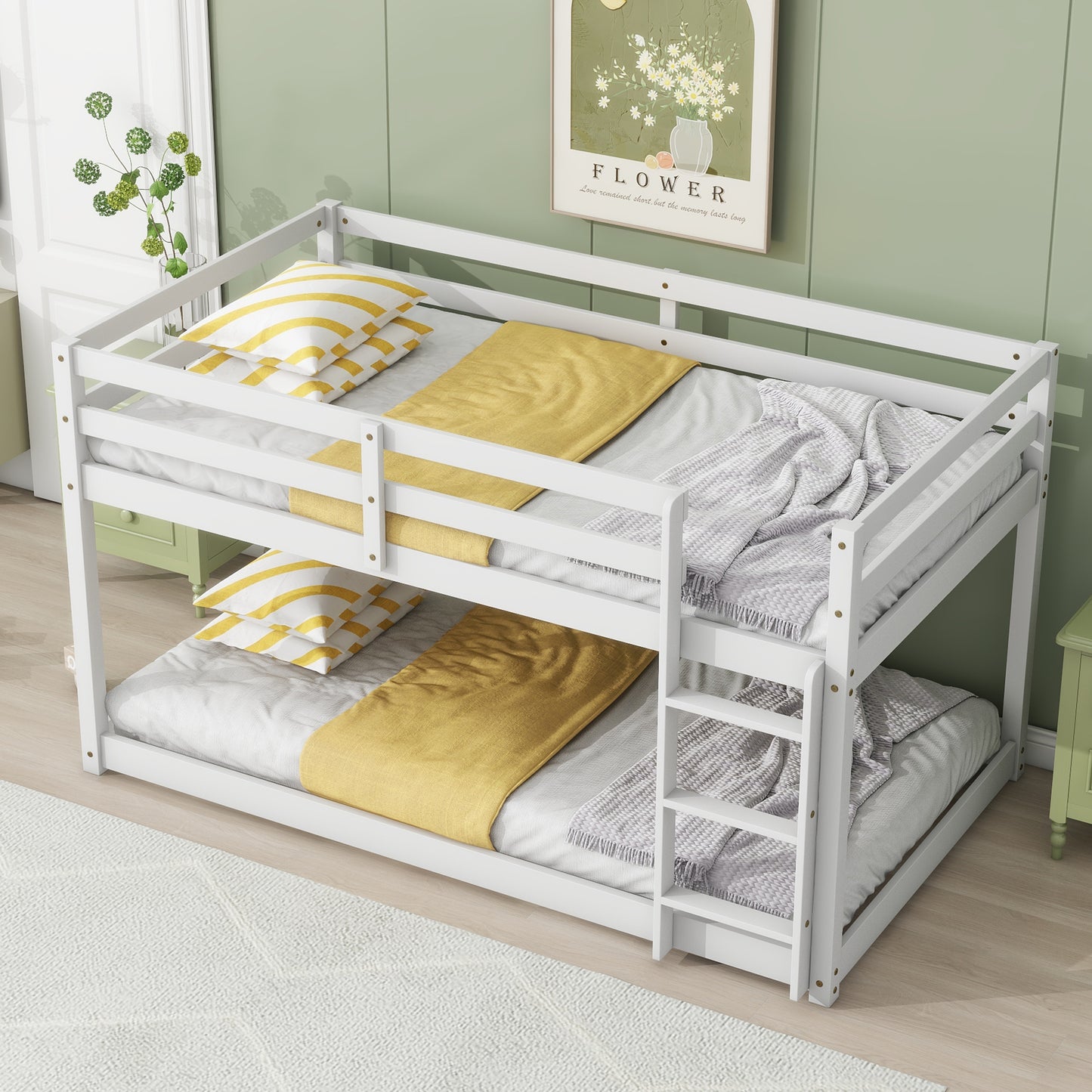 White wood twin over twin bunk bed with yellow striped pillows and mustard blankets