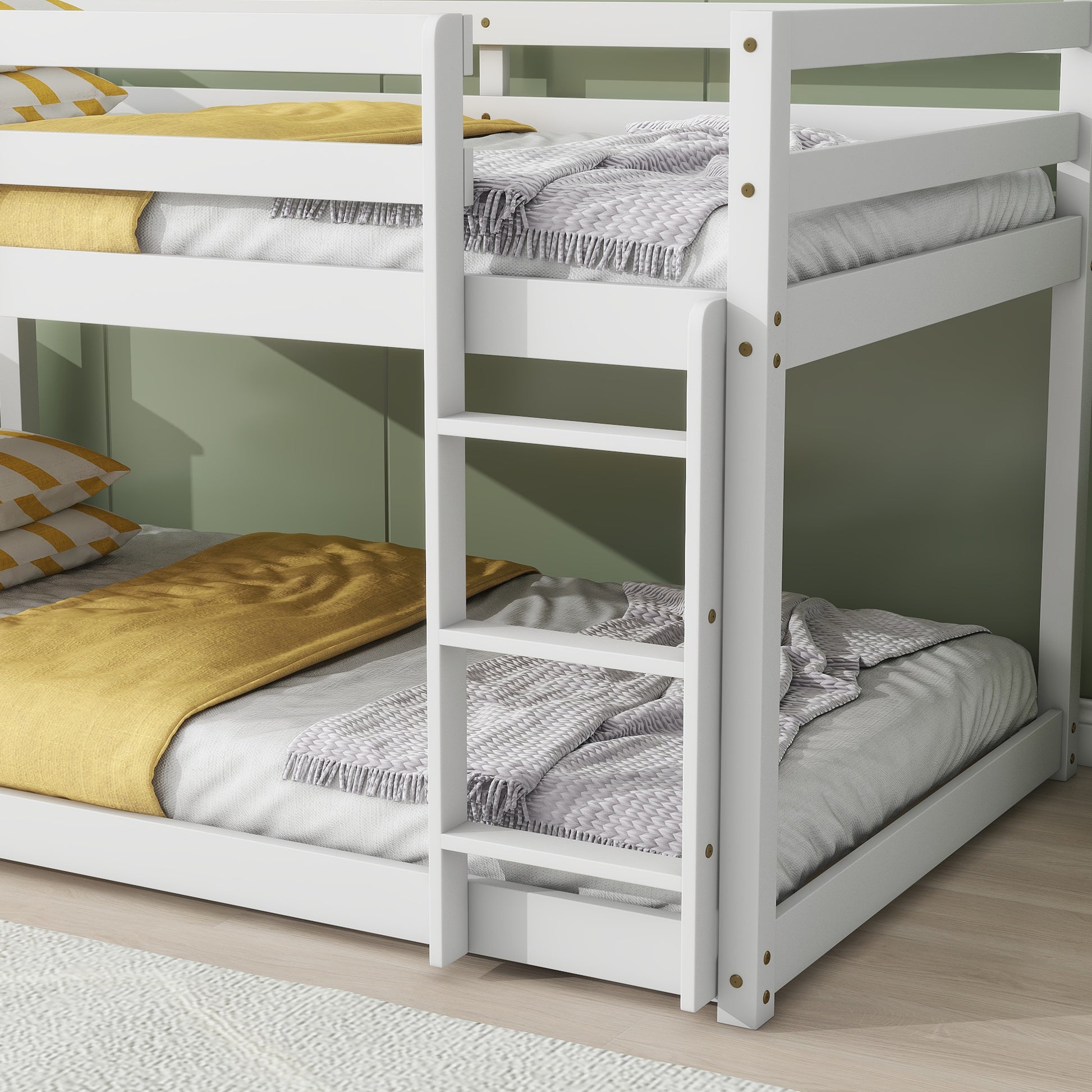 White wooden bunk bed with yellow and grey bedding
