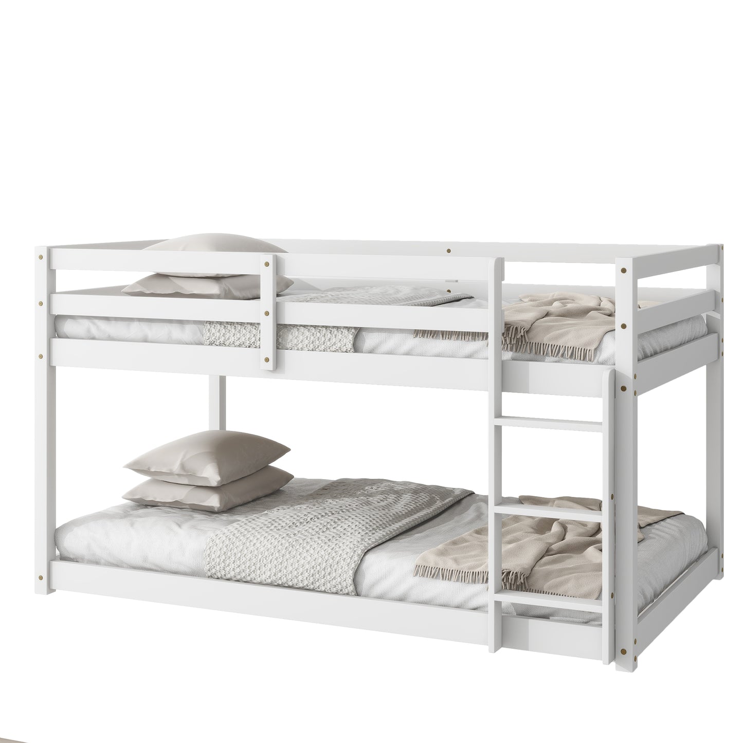 White wooden bunk bed with neatly made beds and pillows