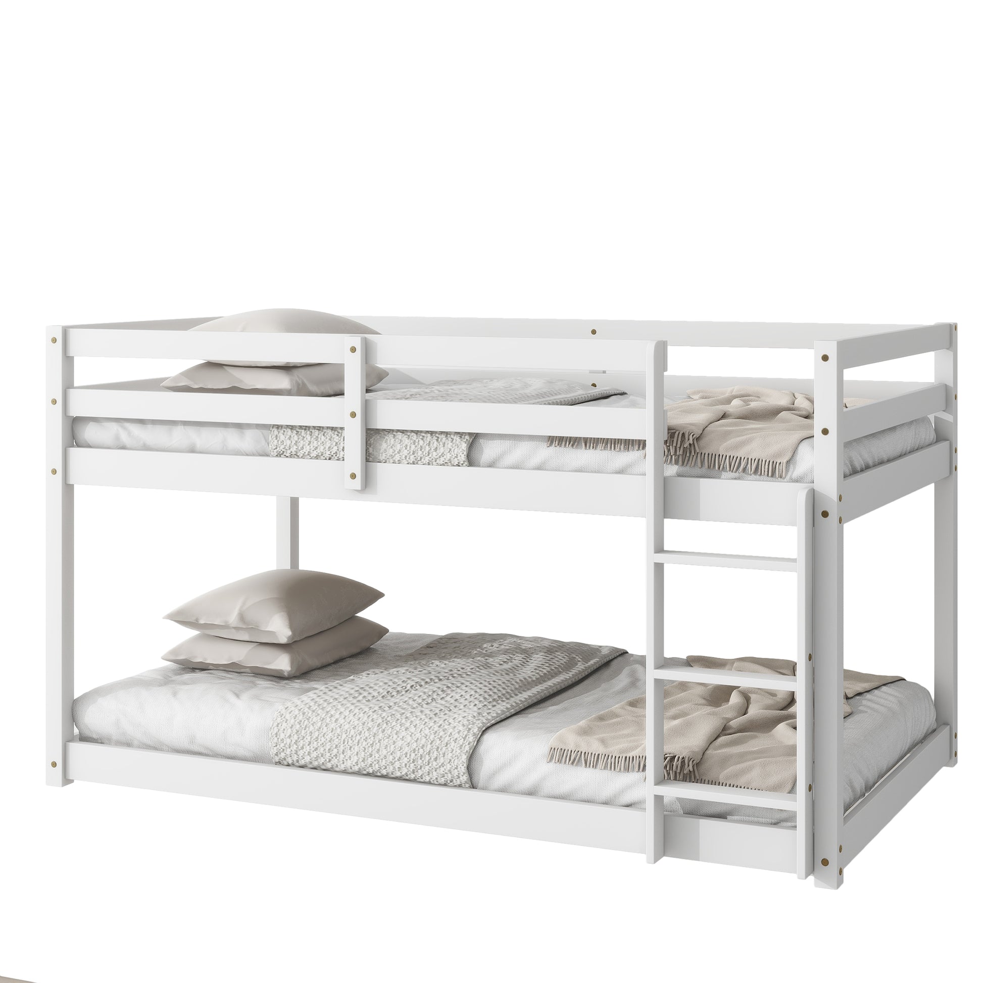 White wooden bunk bed with neatly made beds and pillows