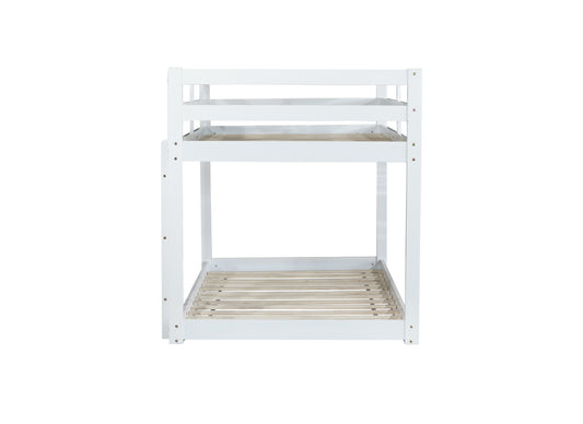 White wooden bunk bed frame with slatted bases for two mattresses
