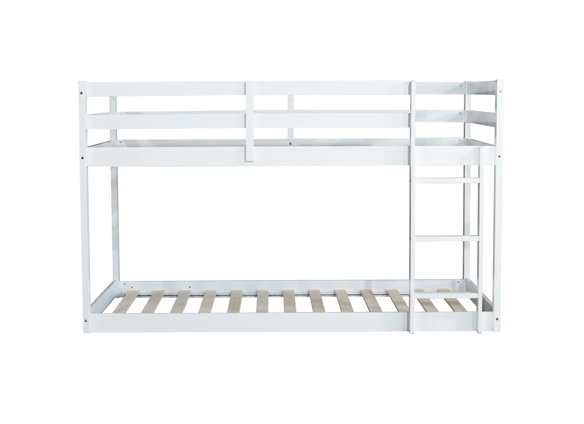 White wooden bunk bed with slatted base and ladder