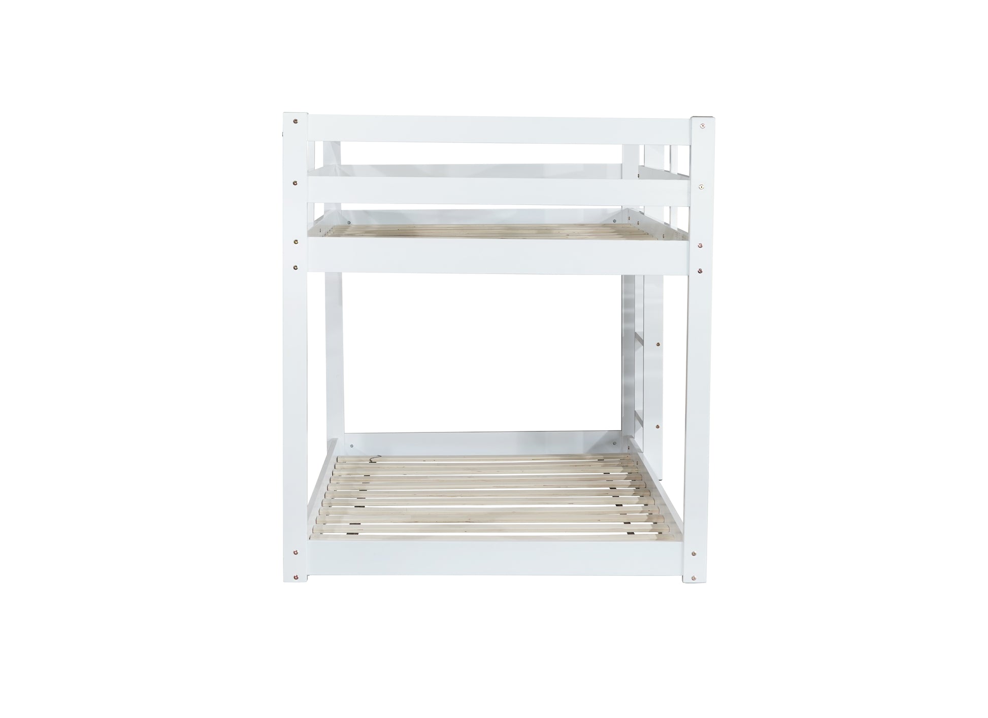 White wooden bunk bed with slatted base