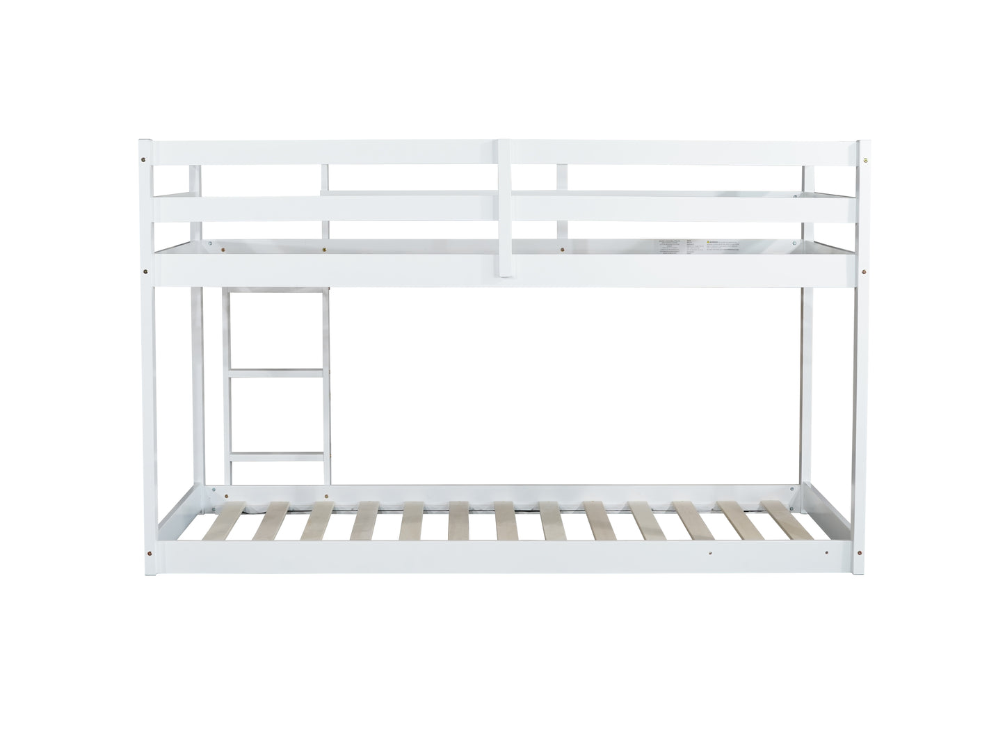 White wooden bunk bed with ladder and slatted base