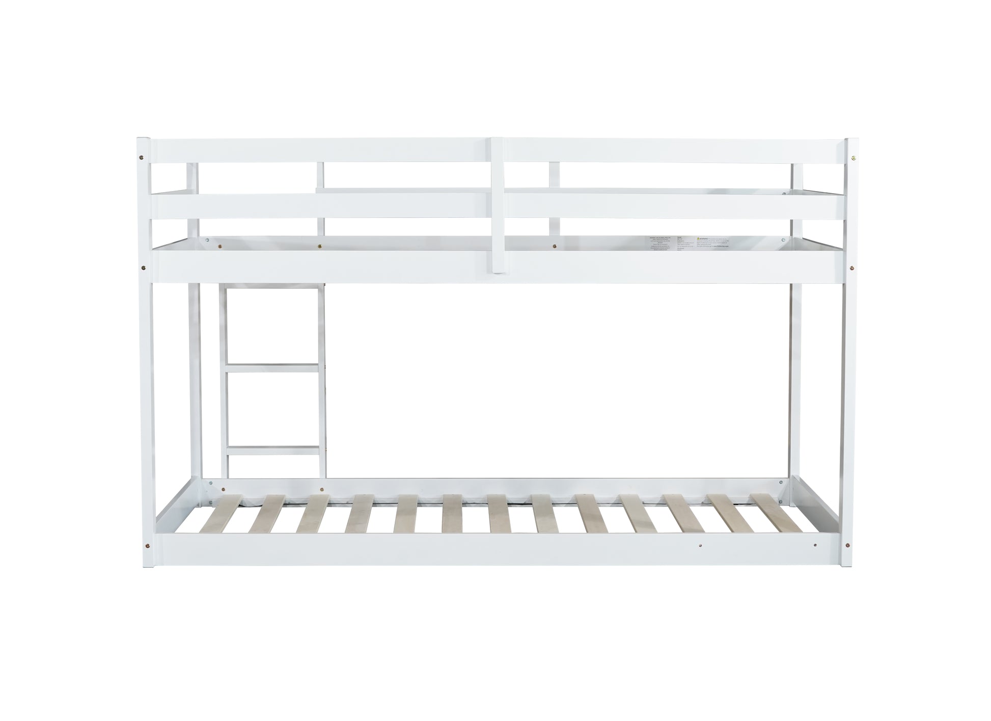 White wooden bunk bed with ladder and slatted base