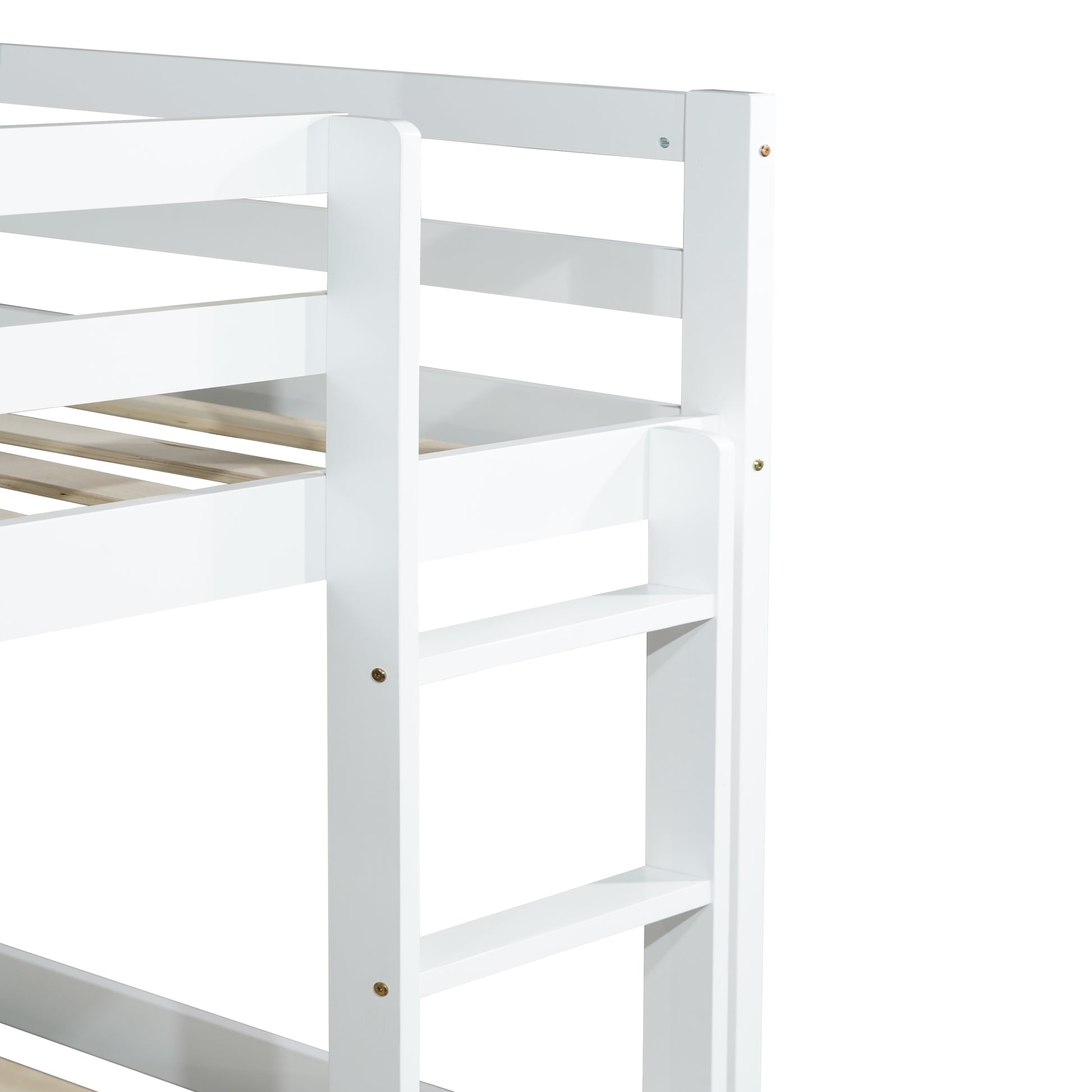 Closeup of white bunk bed frame with wooden slats and integrated ladder