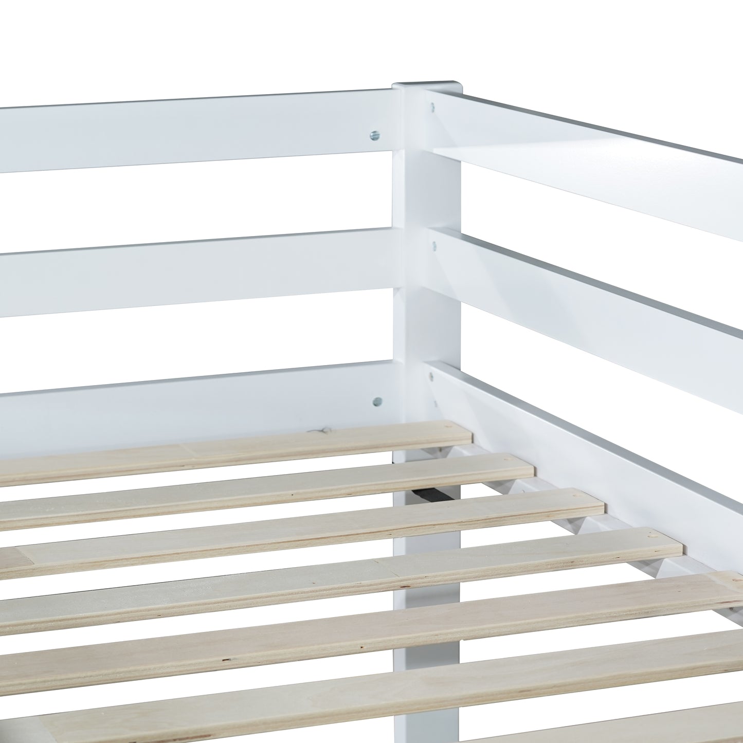 White wooden bunk bed frame detail showing slatted base
