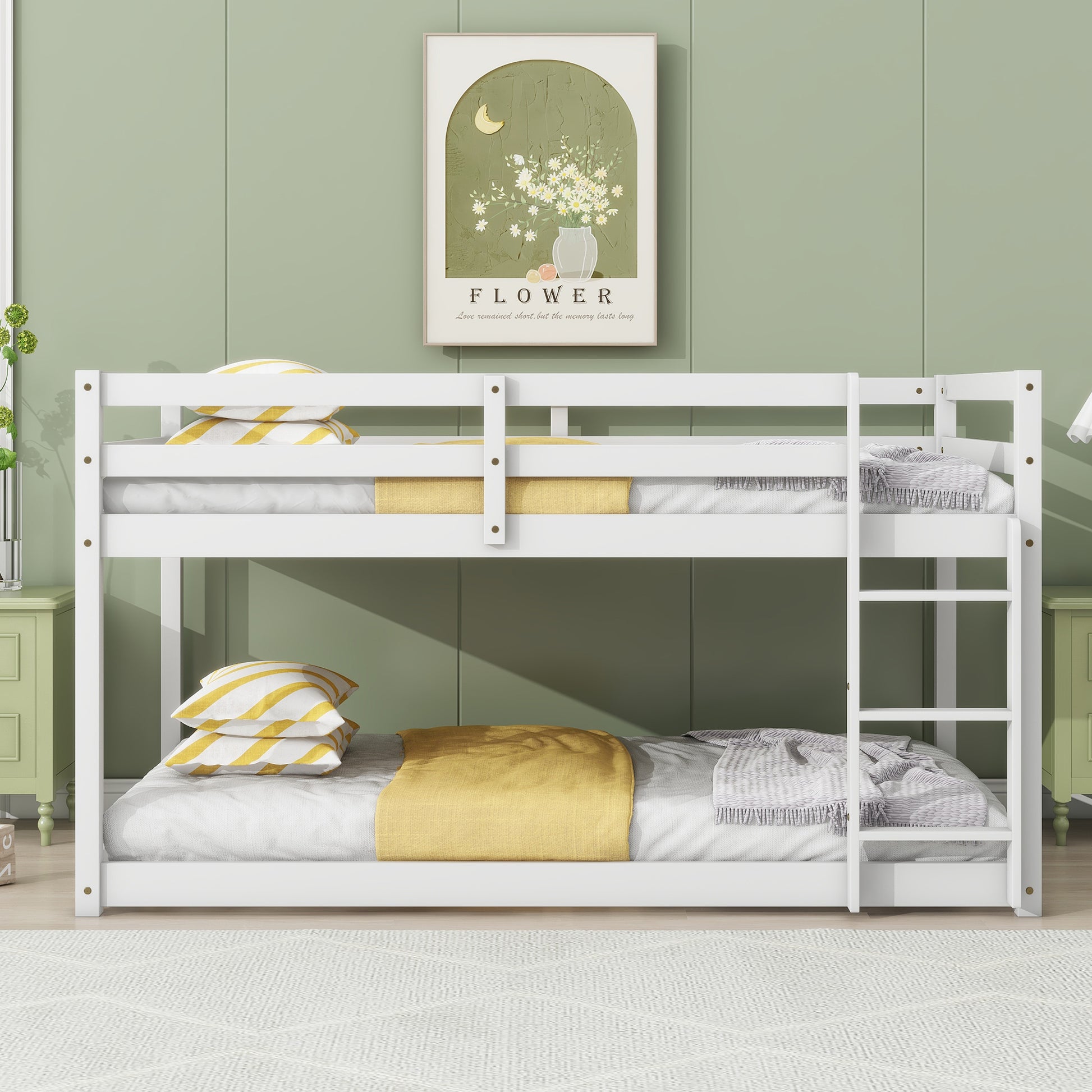 White wooden twin over twin bunk bed with yellow and white striped pillows and yellow blanket