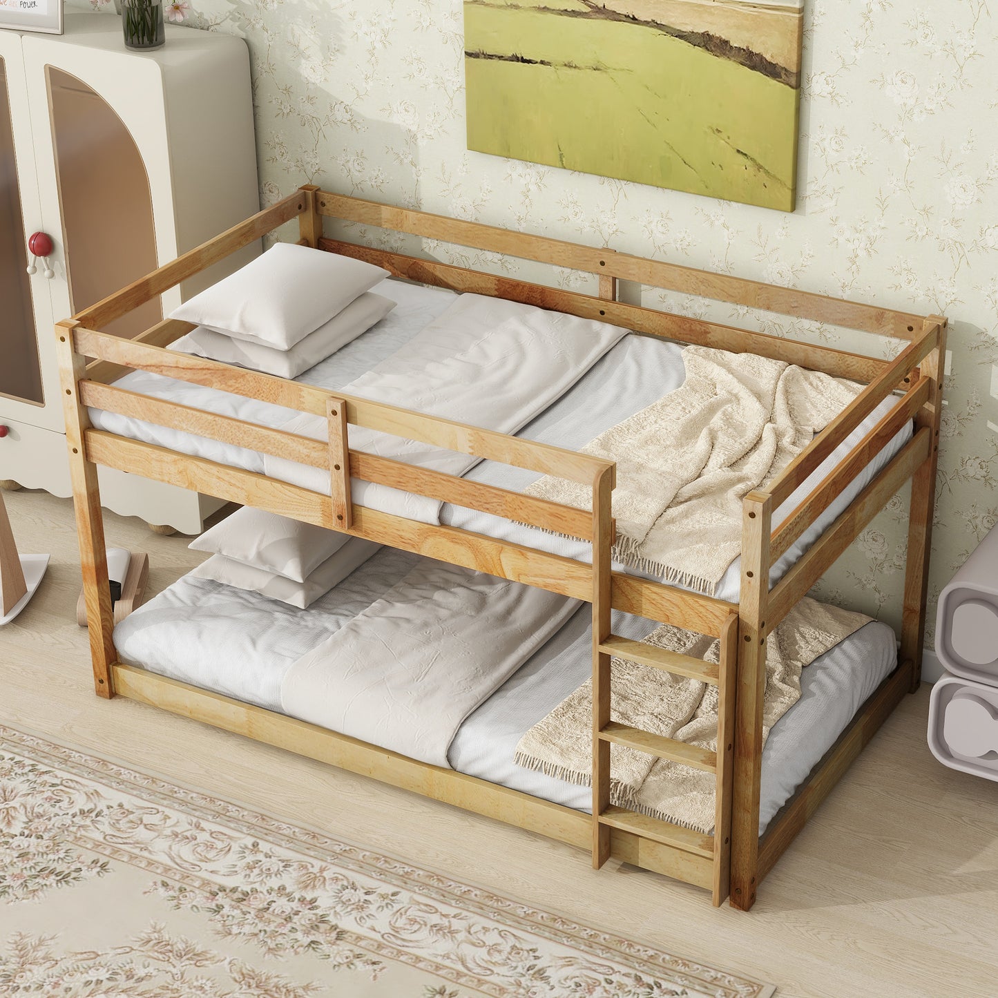 Natural wood bunk bed with white bedding perfect for kids rooms