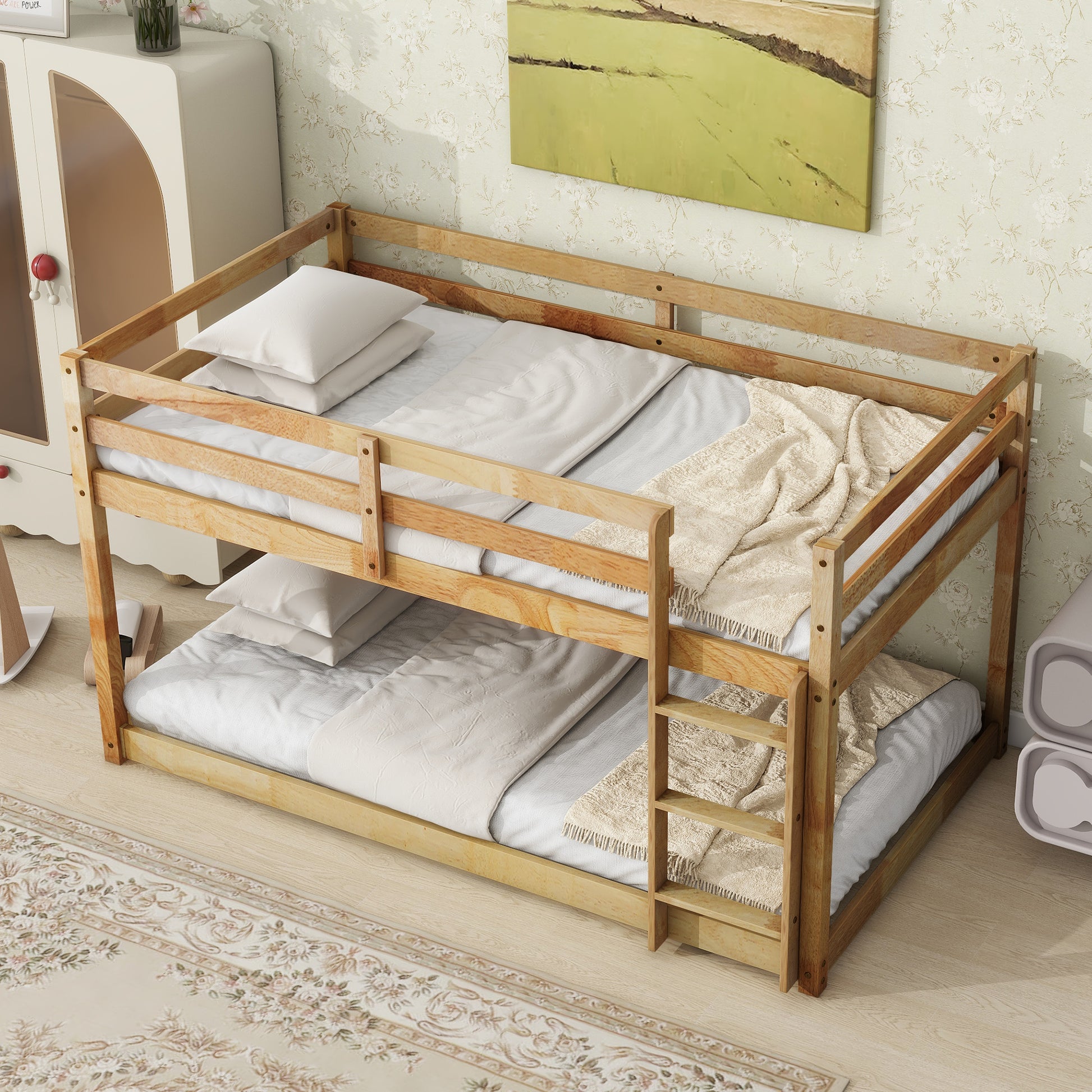 Natural wood bunk bed with white bedding perfect for kids rooms