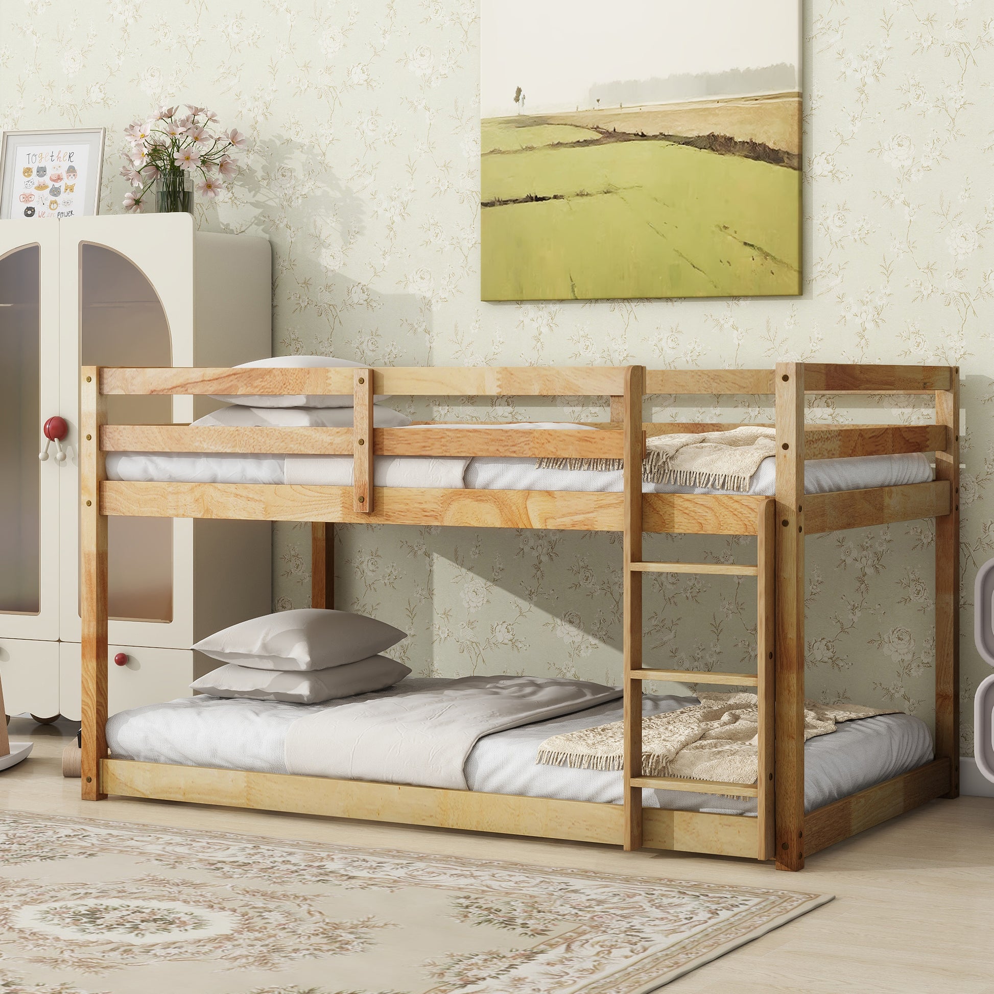 Natural wood twin bunk bed with ladder and bedding