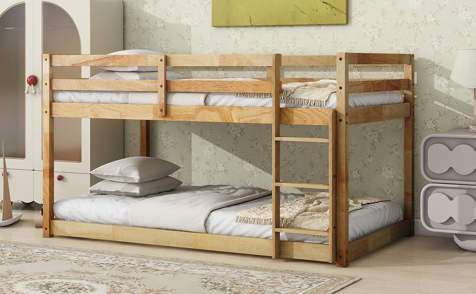 Natural wood twin bunk bed with ladder