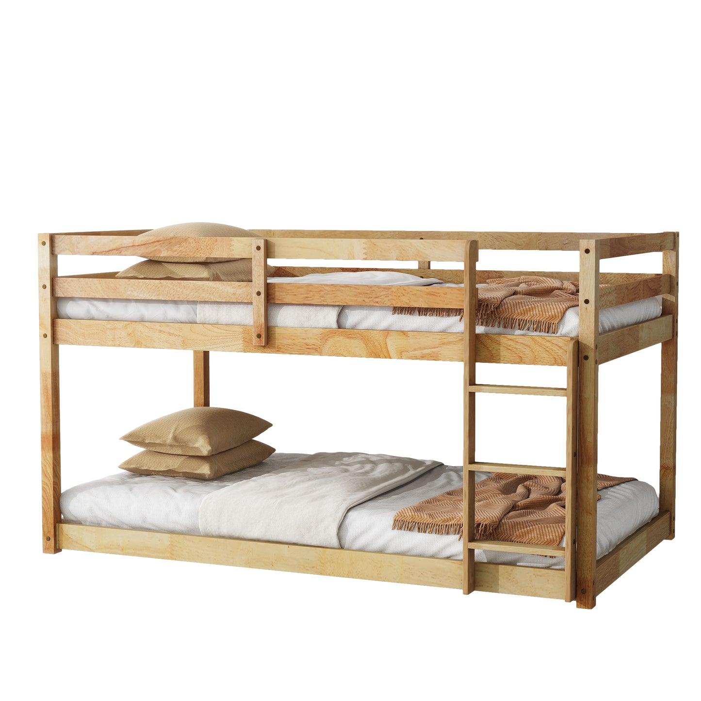 Natural wood bunk bed with white bedding and beige pillows