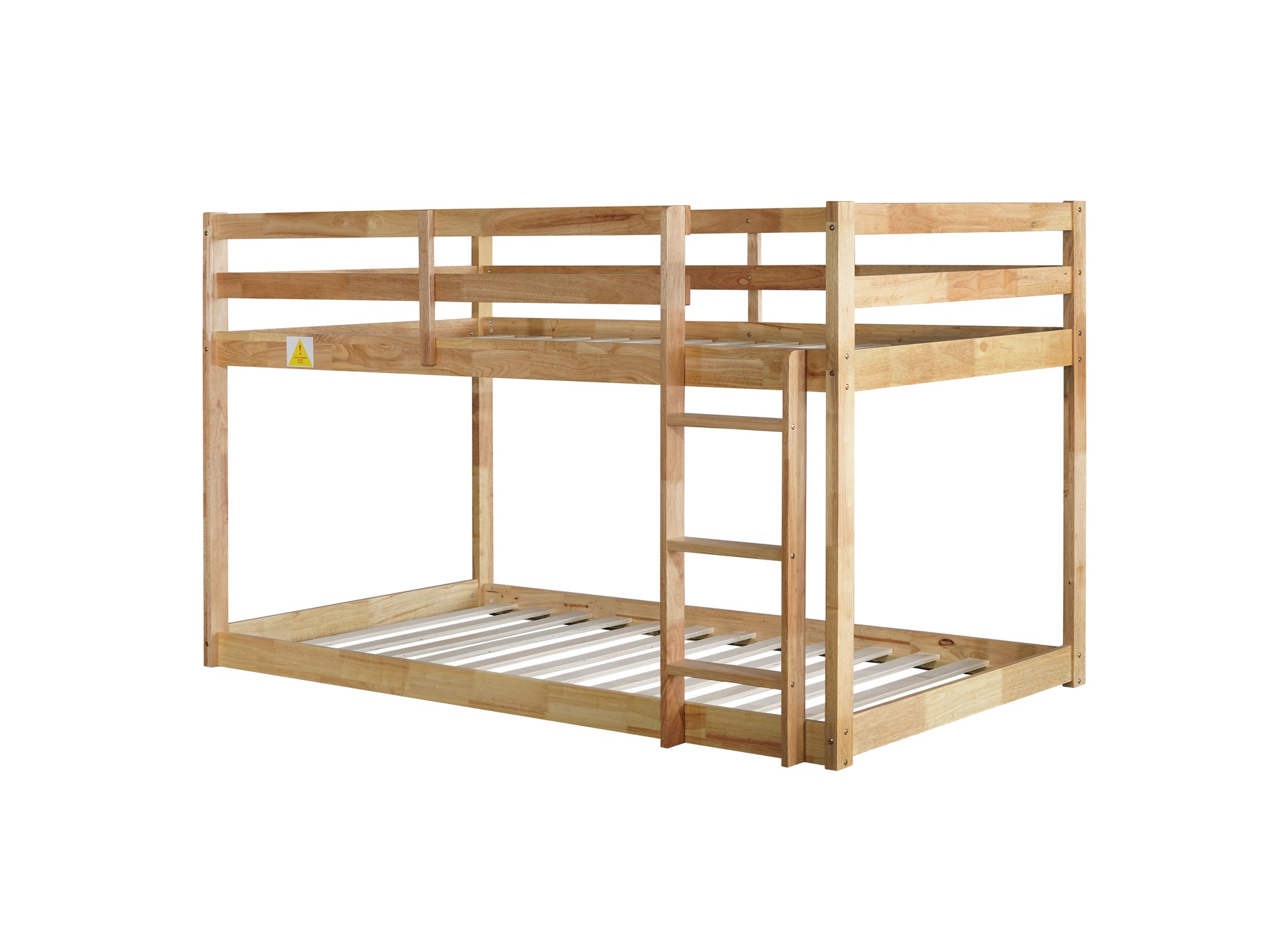 Natural wood twin over twin bunk bed with ladder and safety rails