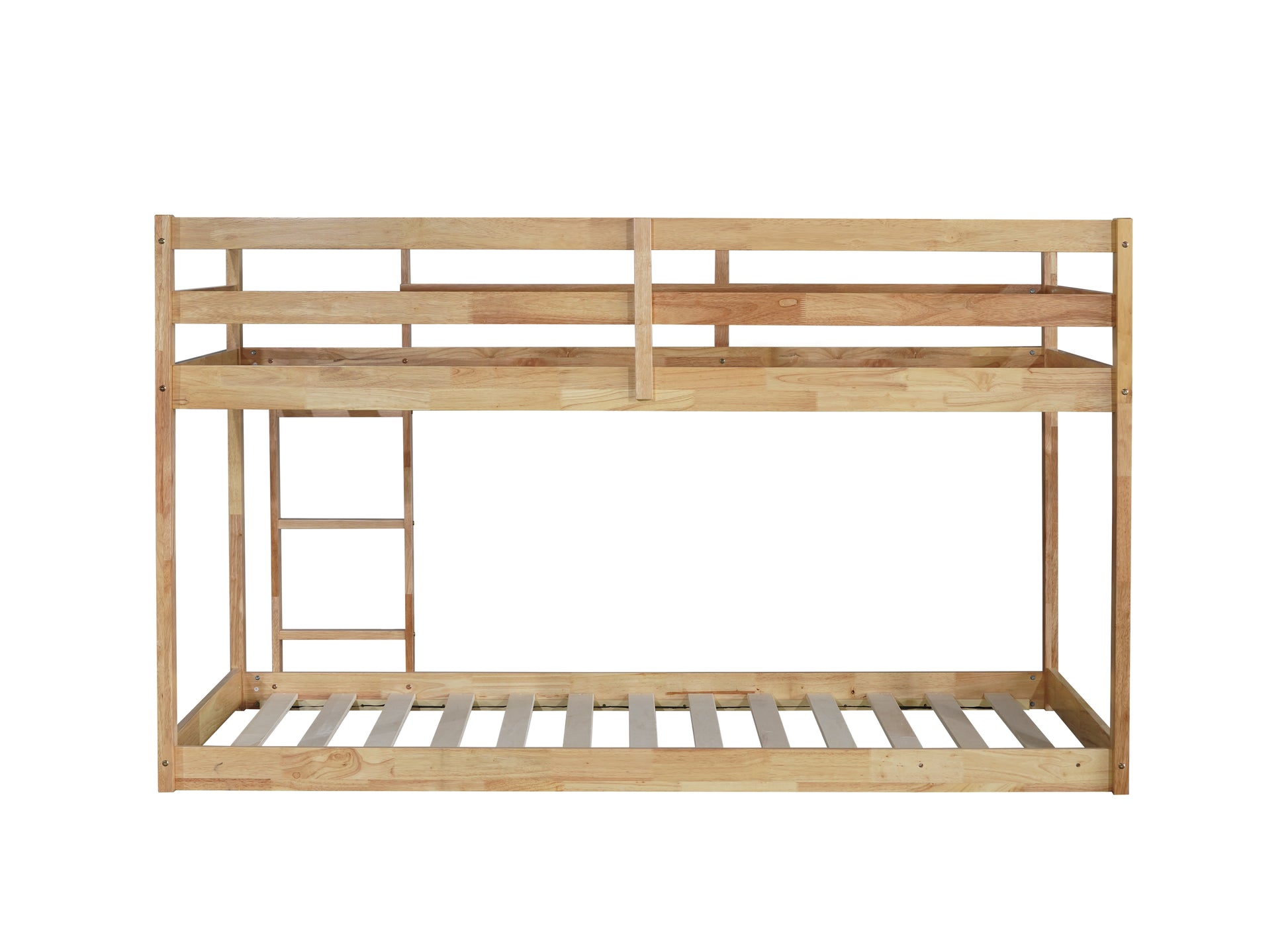 Natural wood twin bunk bed with ladder and slatted frame