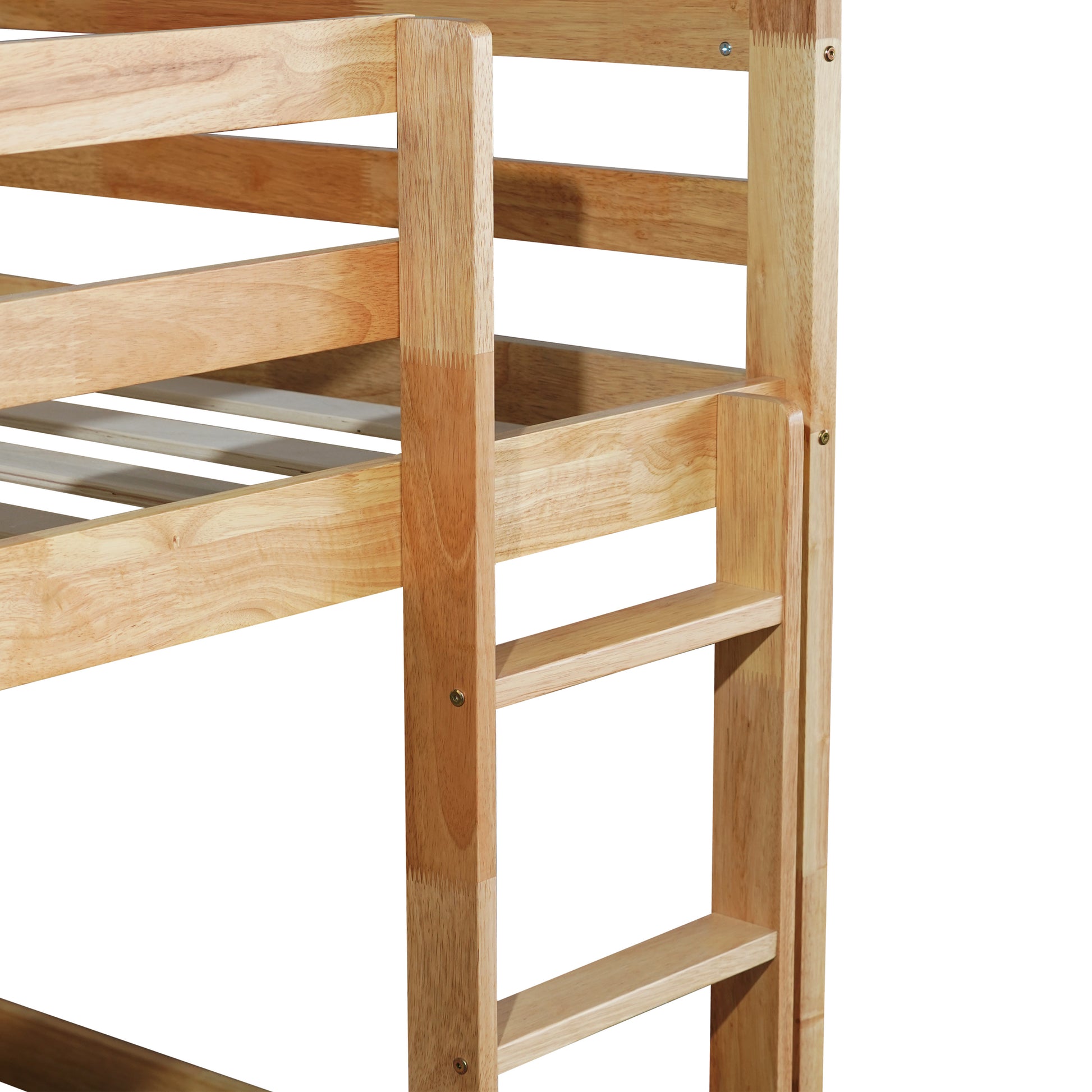 Closeup of natural wood bunk bed frame with ladder