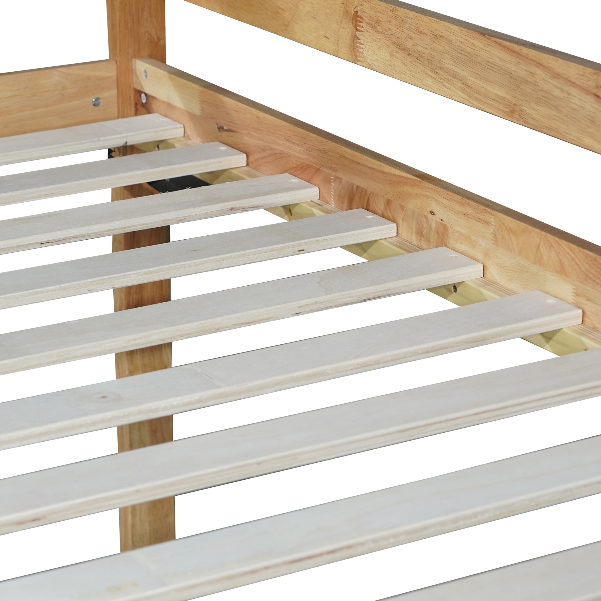 Natural wood bed frame with evenly spaced wooden slats