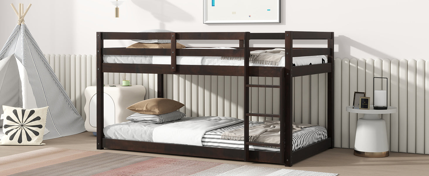 Dark brown wooden twin over twin bunk bed with ladder and bedding