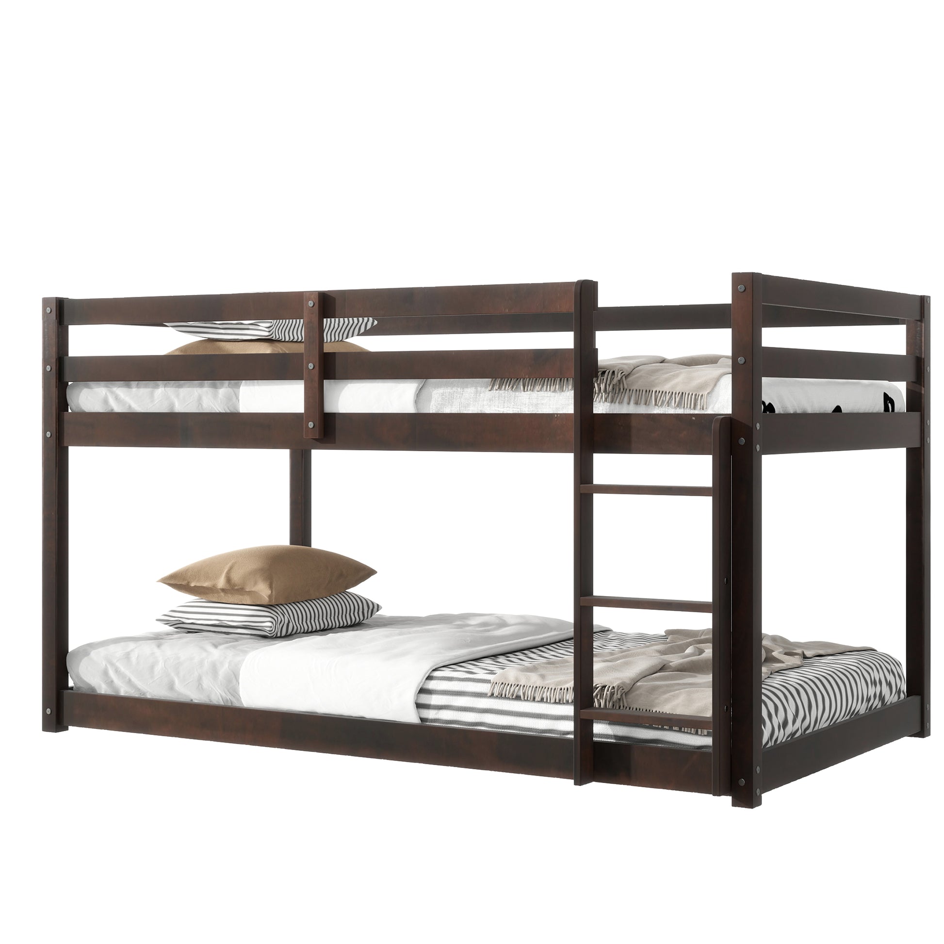 Dark brown wooden bunk bed with striped bedding and pillows