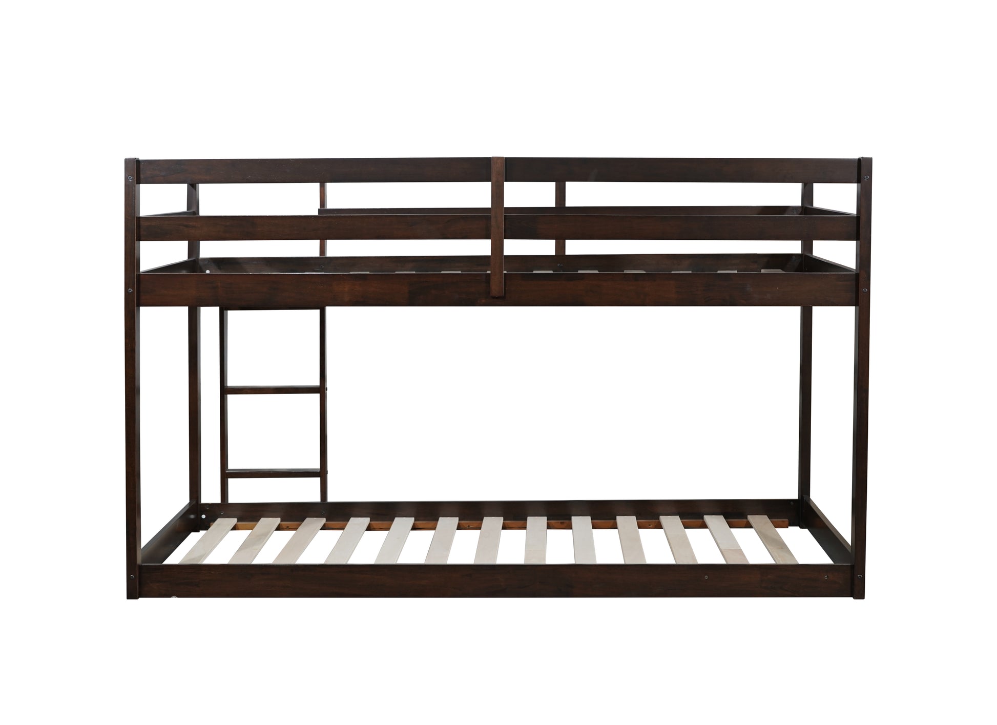 Dark brown wooden bunk bed with ladder