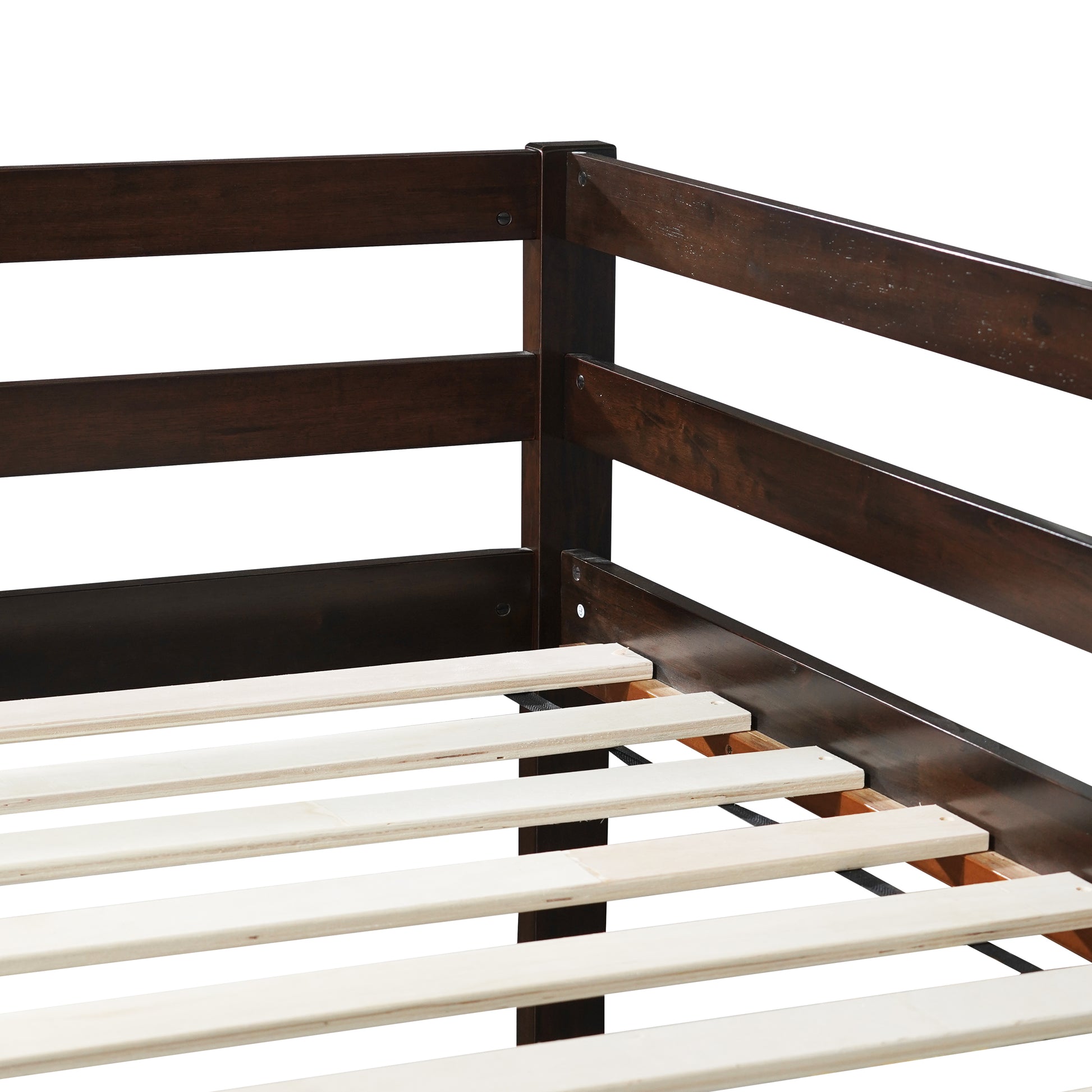 Dark brown wooden bed frame with slatted base