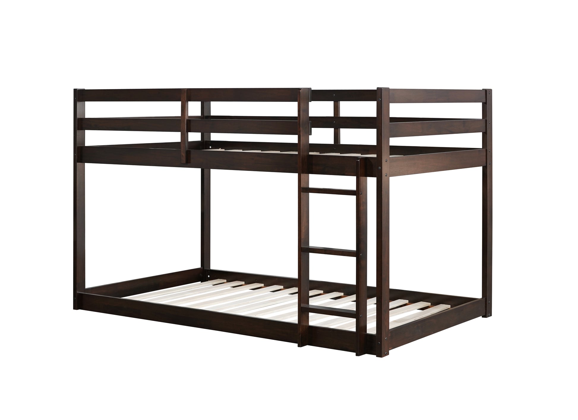 Dark brown wooden twin bunk bed with integrated ladder
