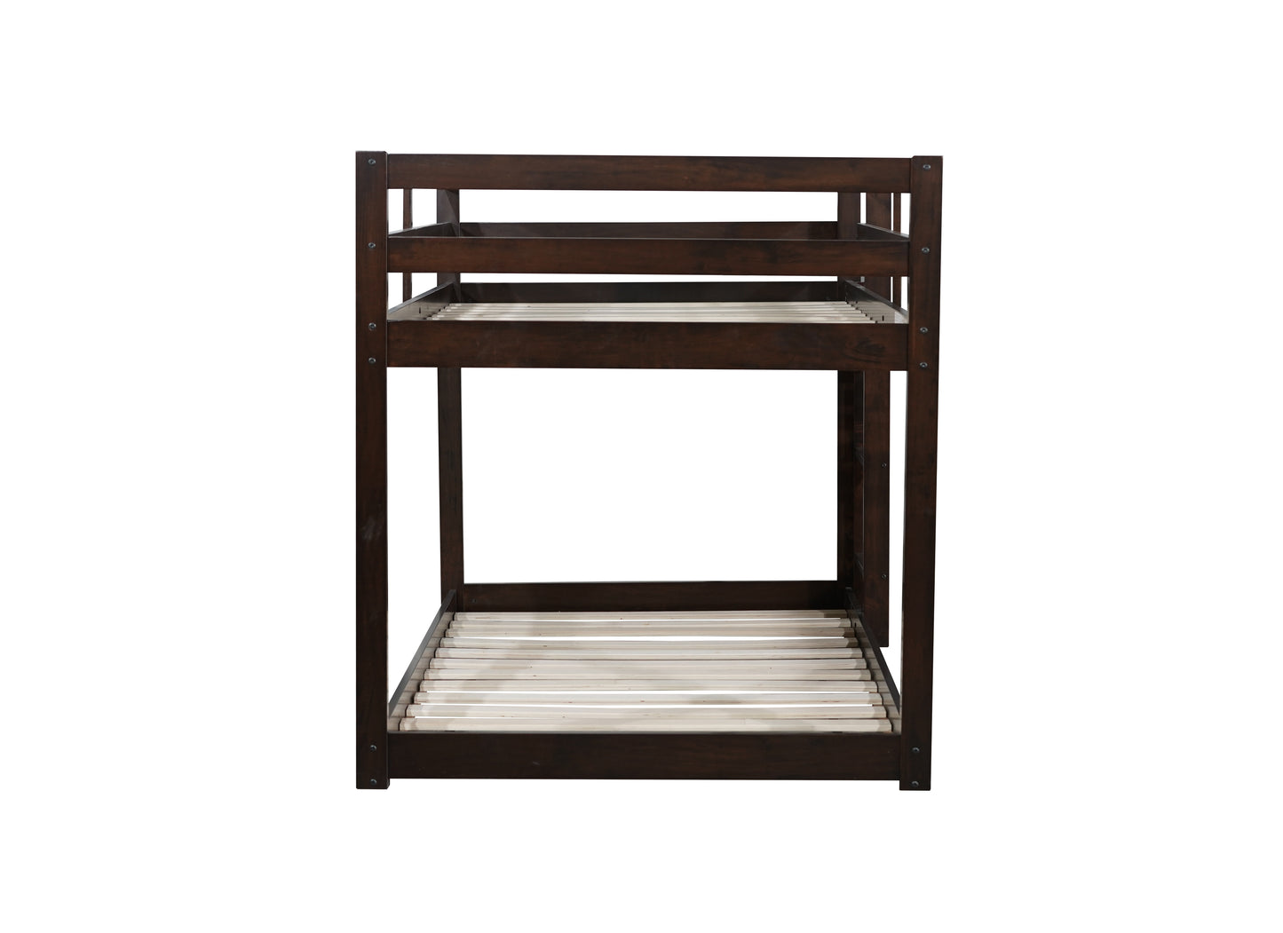 Dark brown wooden twin over twin bunk bed frame with slatted bases for mattress support