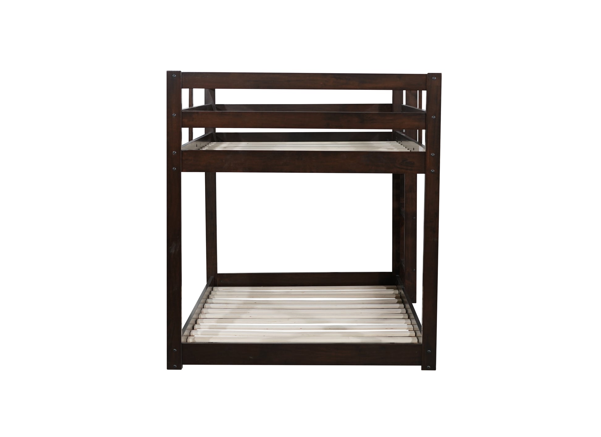 Dark brown wooden twin over twin bunk bed frame with slatted bases for mattress support