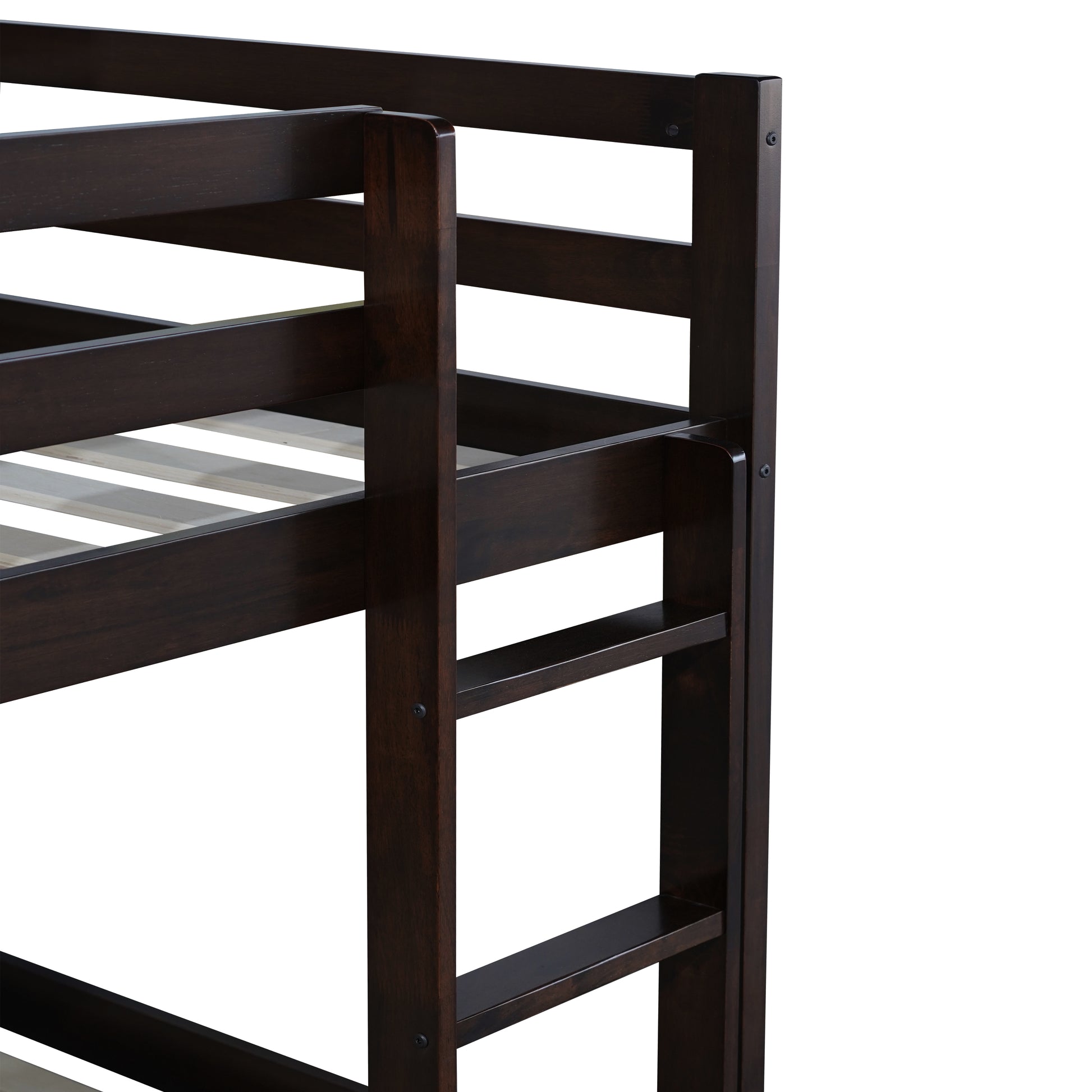 Dark wood bunk bed frame with wooden slats for mattress support