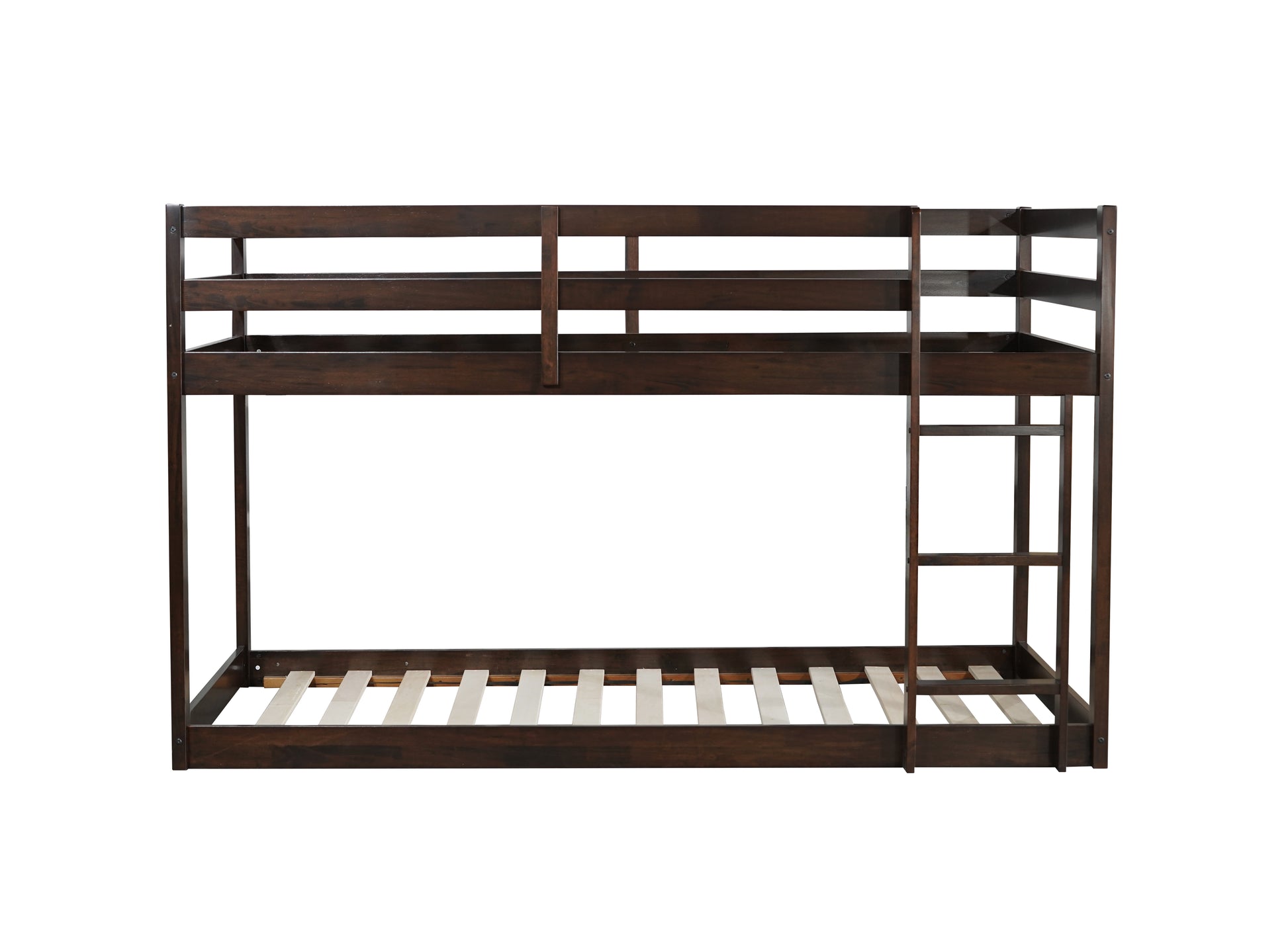 Dark brown wooden twin over twin bunk bed with ladder