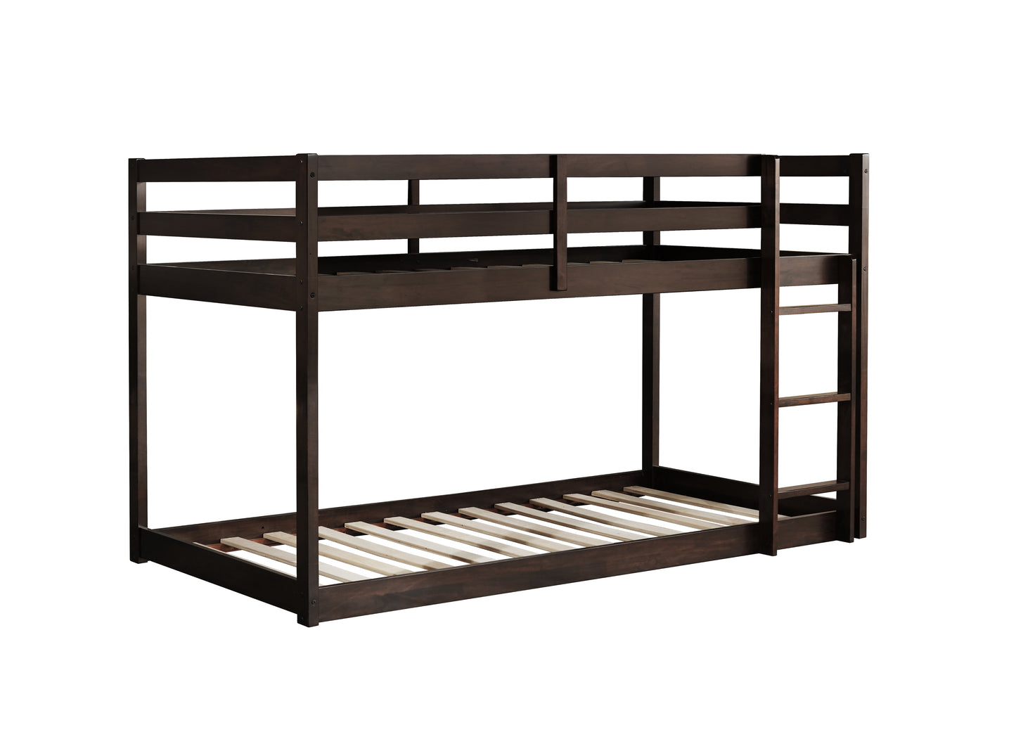 Dark brown wooden bunk bed with slatted bases and attached ladder