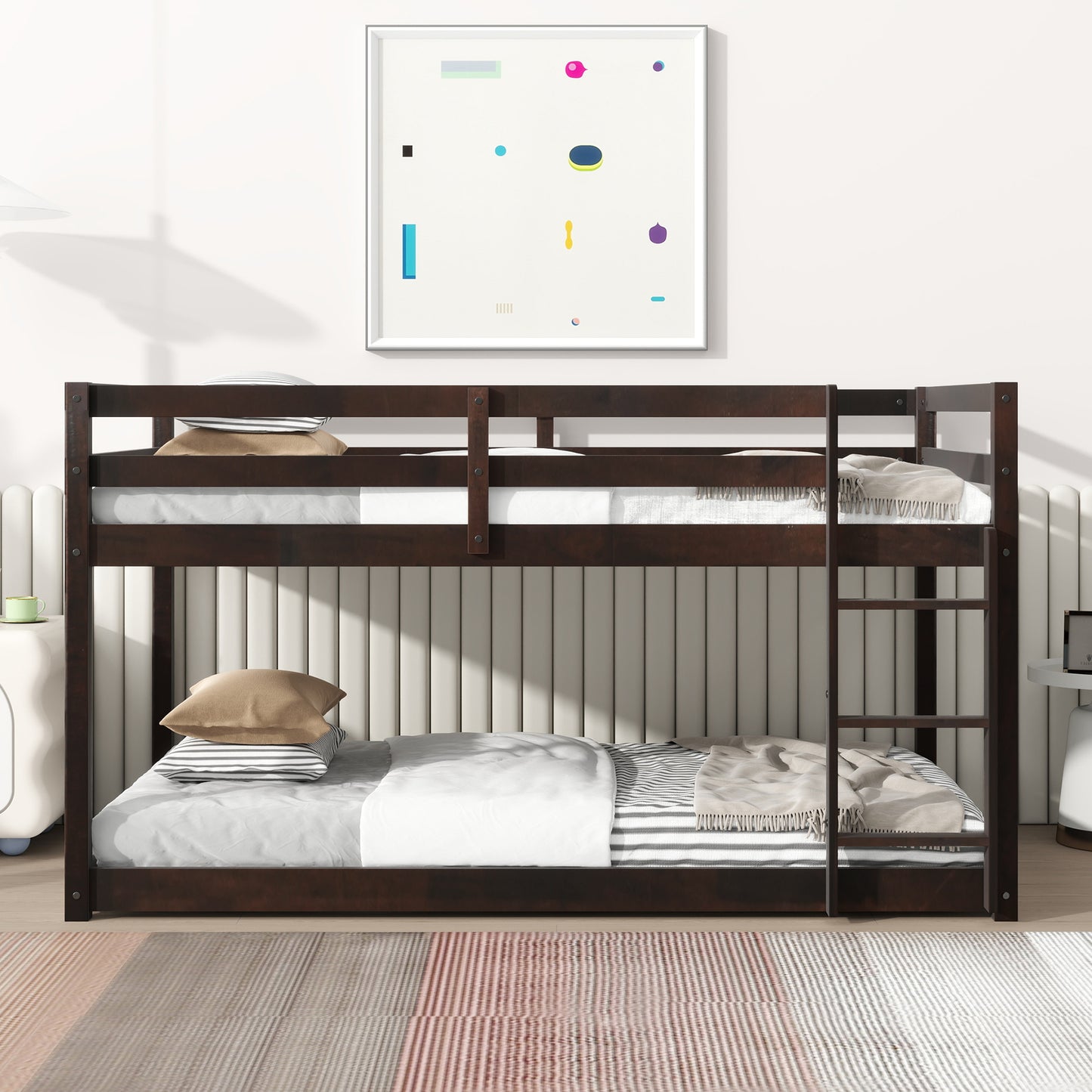 Dark wood twin over twin bunk bed with white bedding and pillows