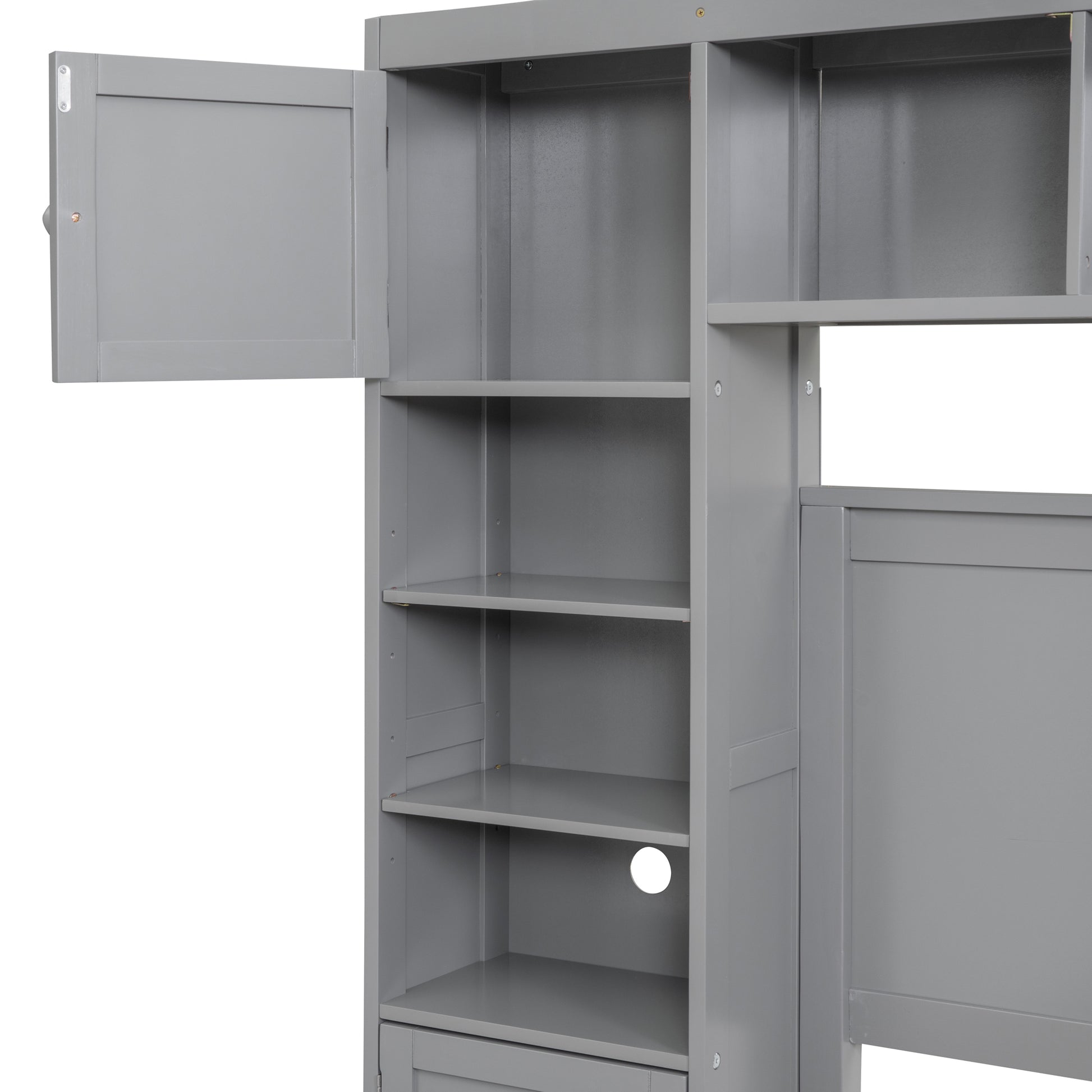 Open gray cabinet with visible shelves and a single drawer