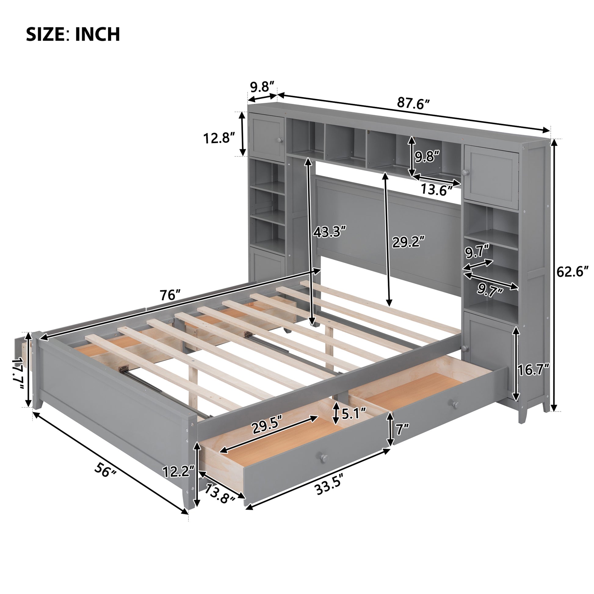 Grey upholstered bed frame with integrated bookshelf headboard and storage drawers