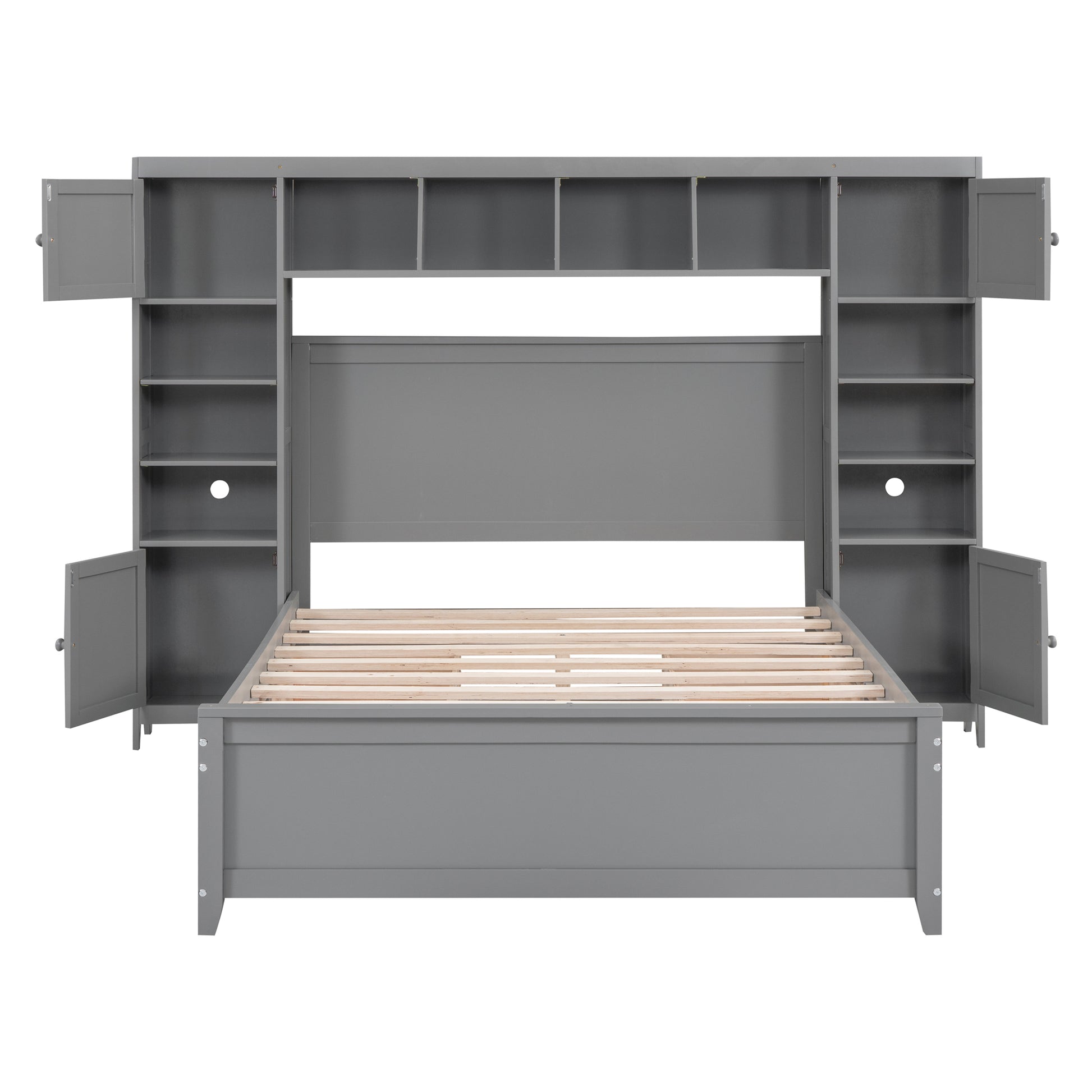 Gray wooden bed frame with integrated shelving and cabinet storage