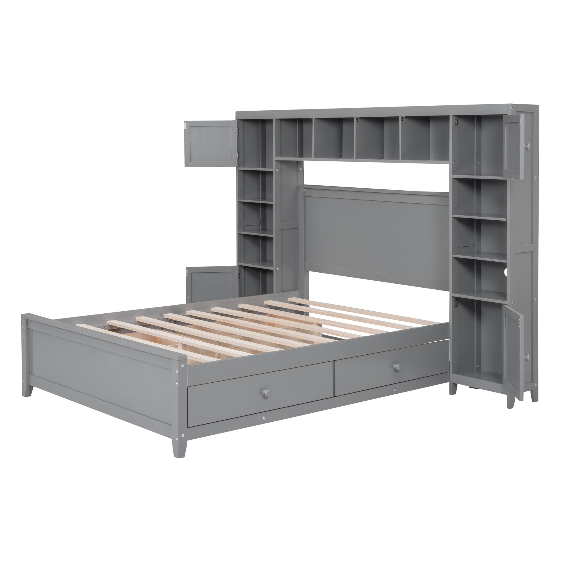 Grey wooden bed frame with attached shelving units and drawers