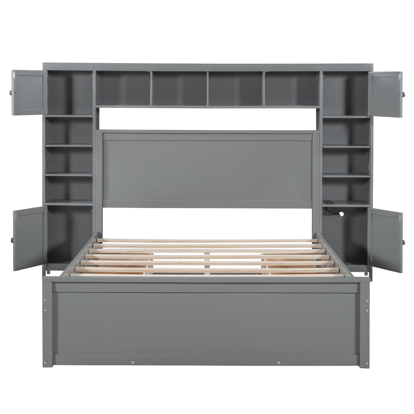 Gray wooden platform bed with integrated shelving and cabinets