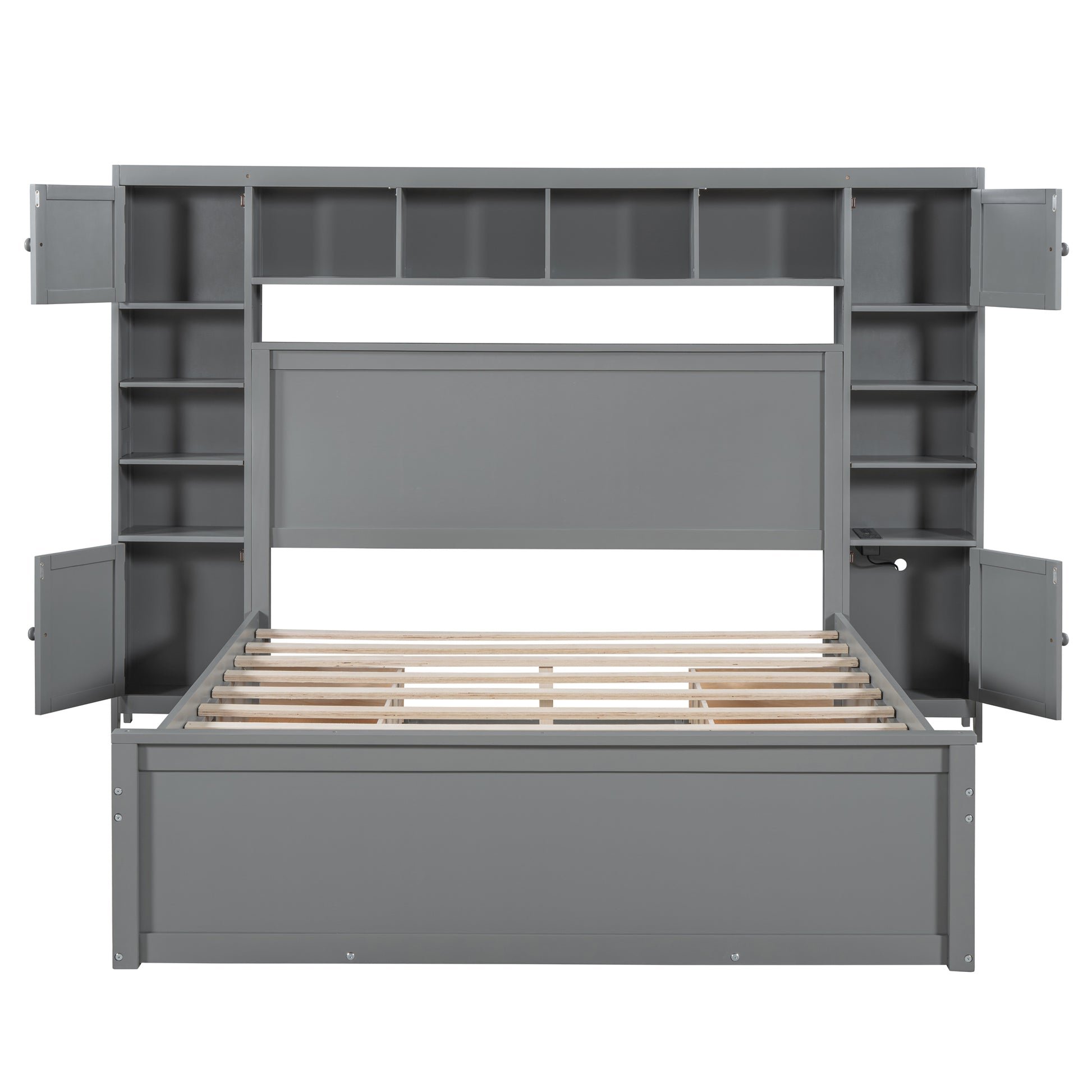 Gray wooden platform bed with integrated shelving and cabinets