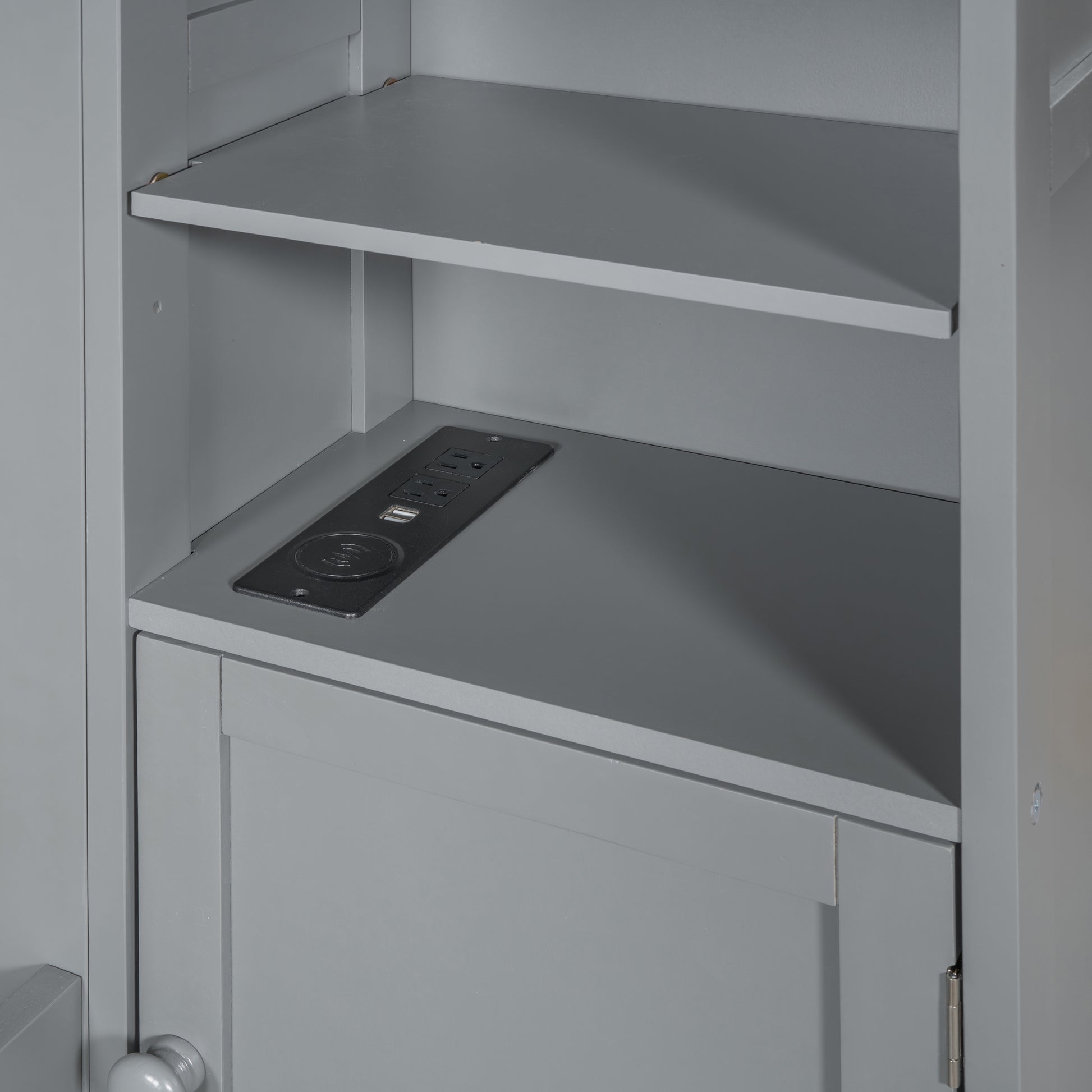 Gray wood shelf with integrated charging station