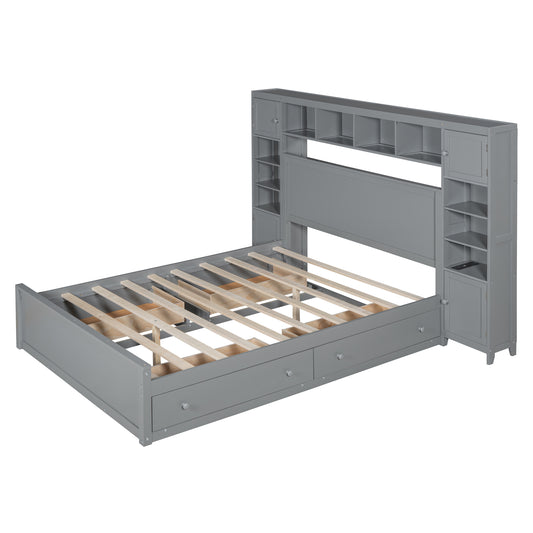 Gray wooden twin bed frame with builtin headboard shelves and storage drawers