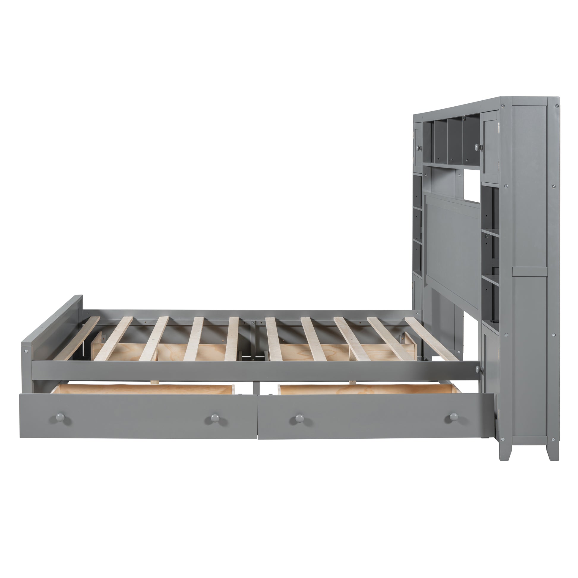 Gray wooden twin bed frame with two drawers and bookshelf headboard