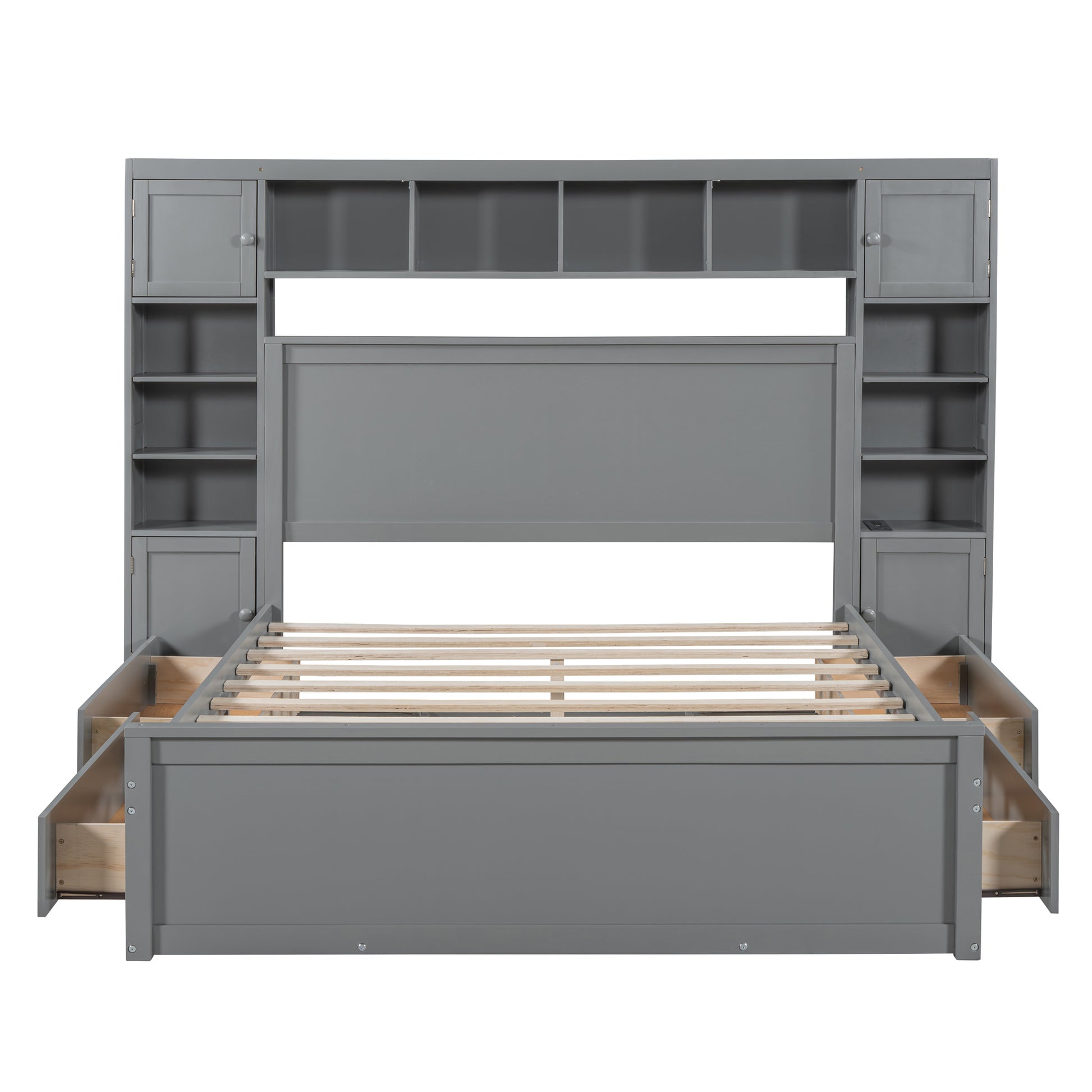 Grey wooden platform bed with storage headboard and drawers