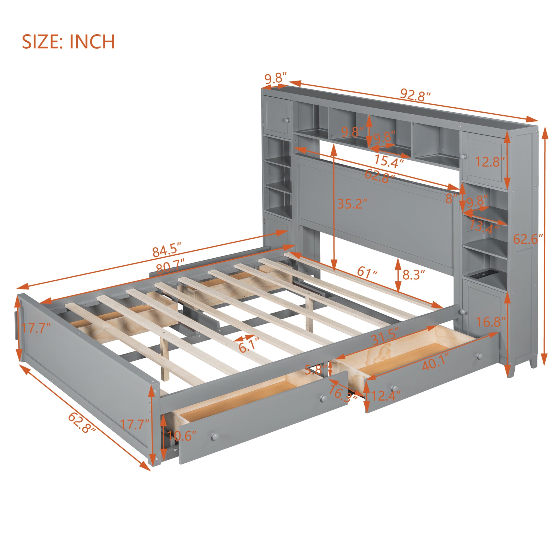 Gray wooden storage bed frame with integrated bookshelf headboard and drawers