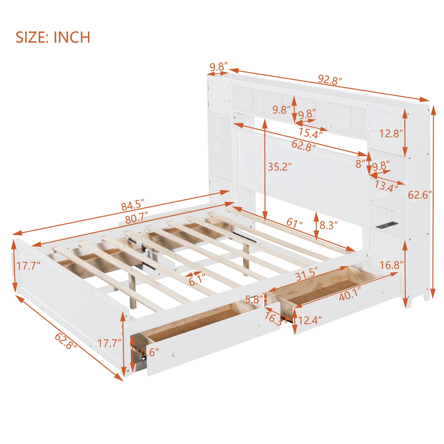 White wooden bed frame with integrated shelving and drawers