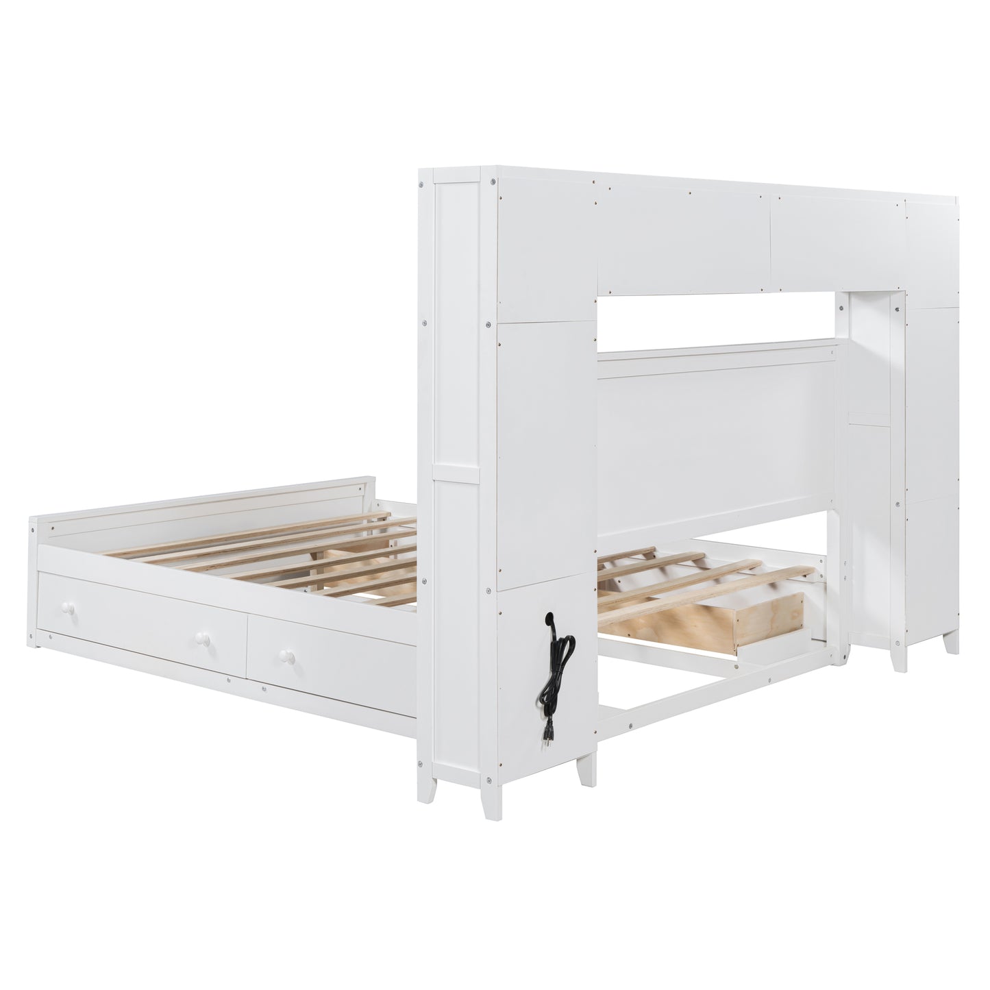 White bunk bed frame with integrated drawers and charging port