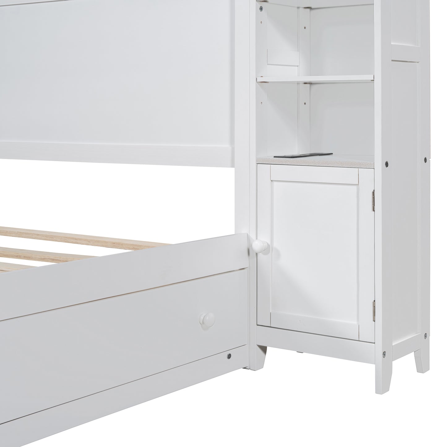 White twin bed frame with builtin shelving and cabinet
