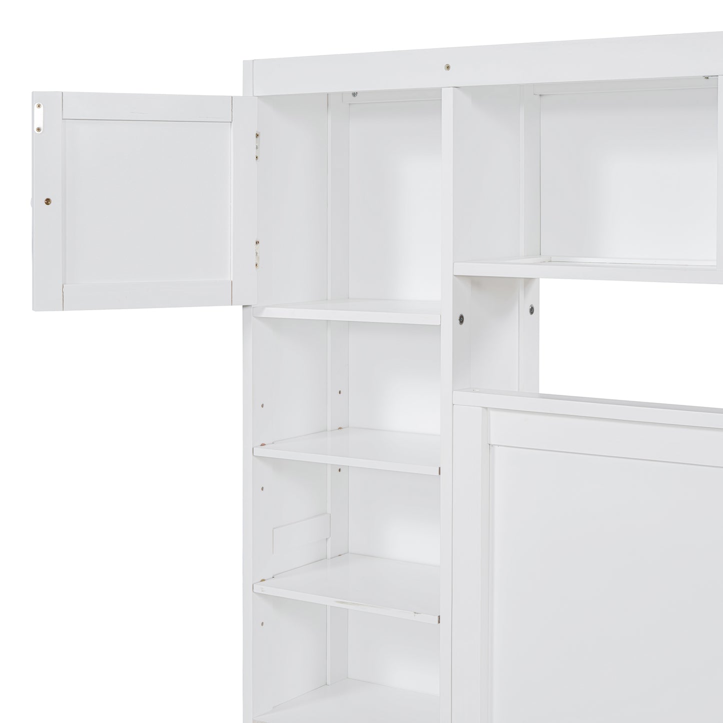 Closeup of white wooden cabinet with open door and shelves