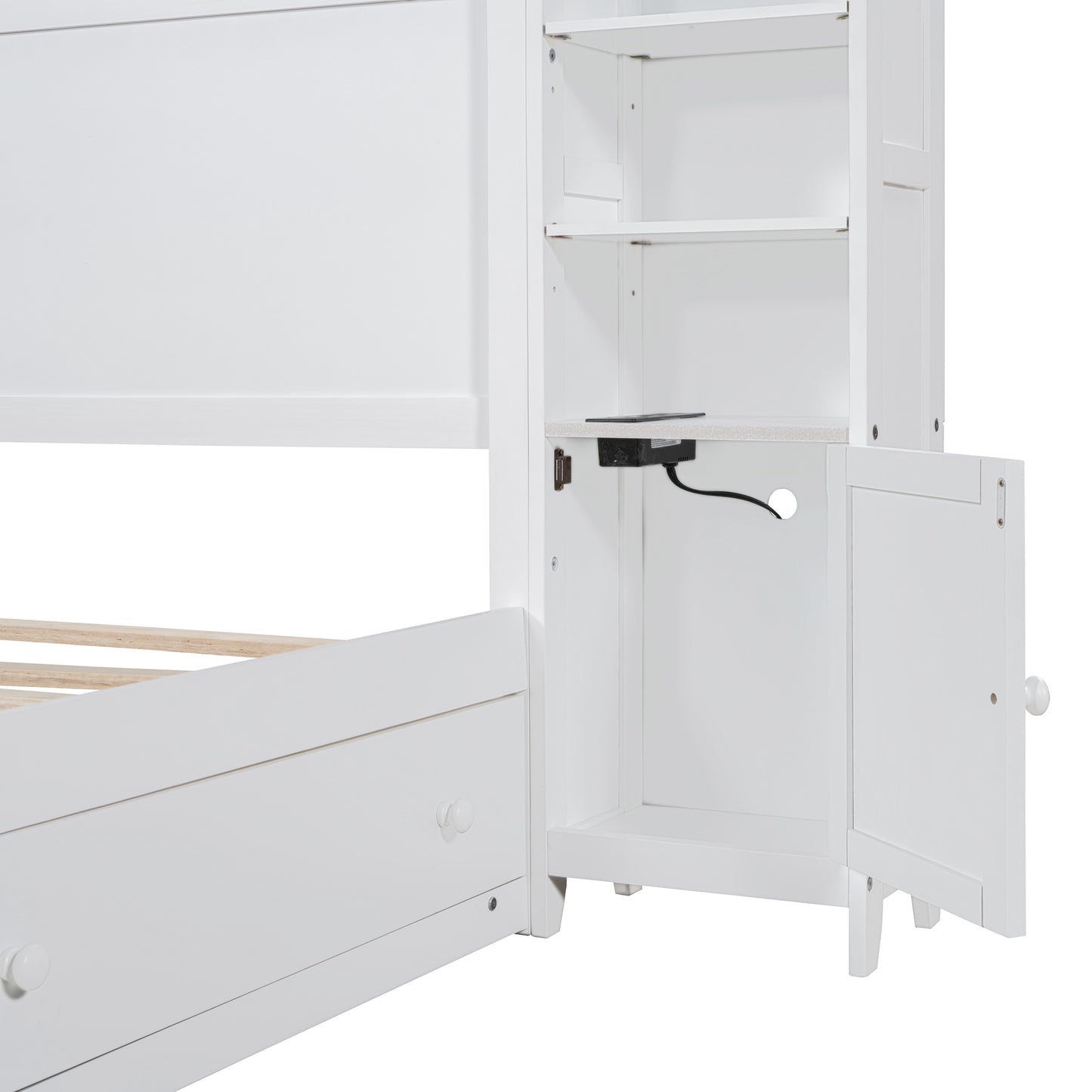 White wooden twin bed frame with integrated storage cabinet and shelving